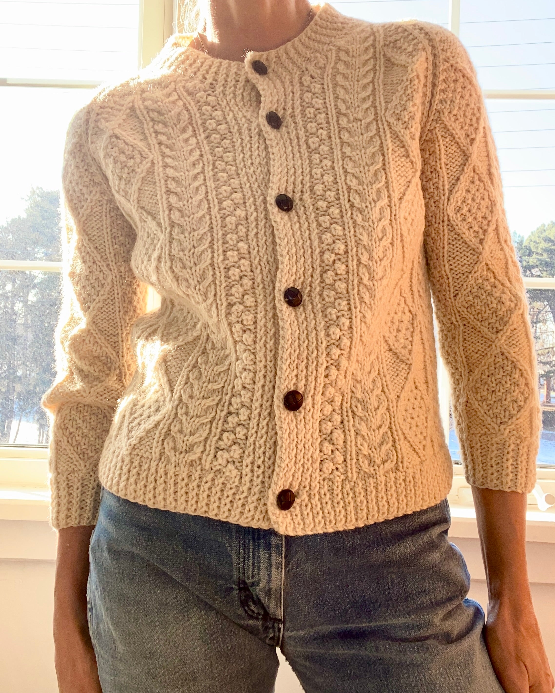 VINTAGE Handknit Irish Fisherman Cable Wool Cardigan S