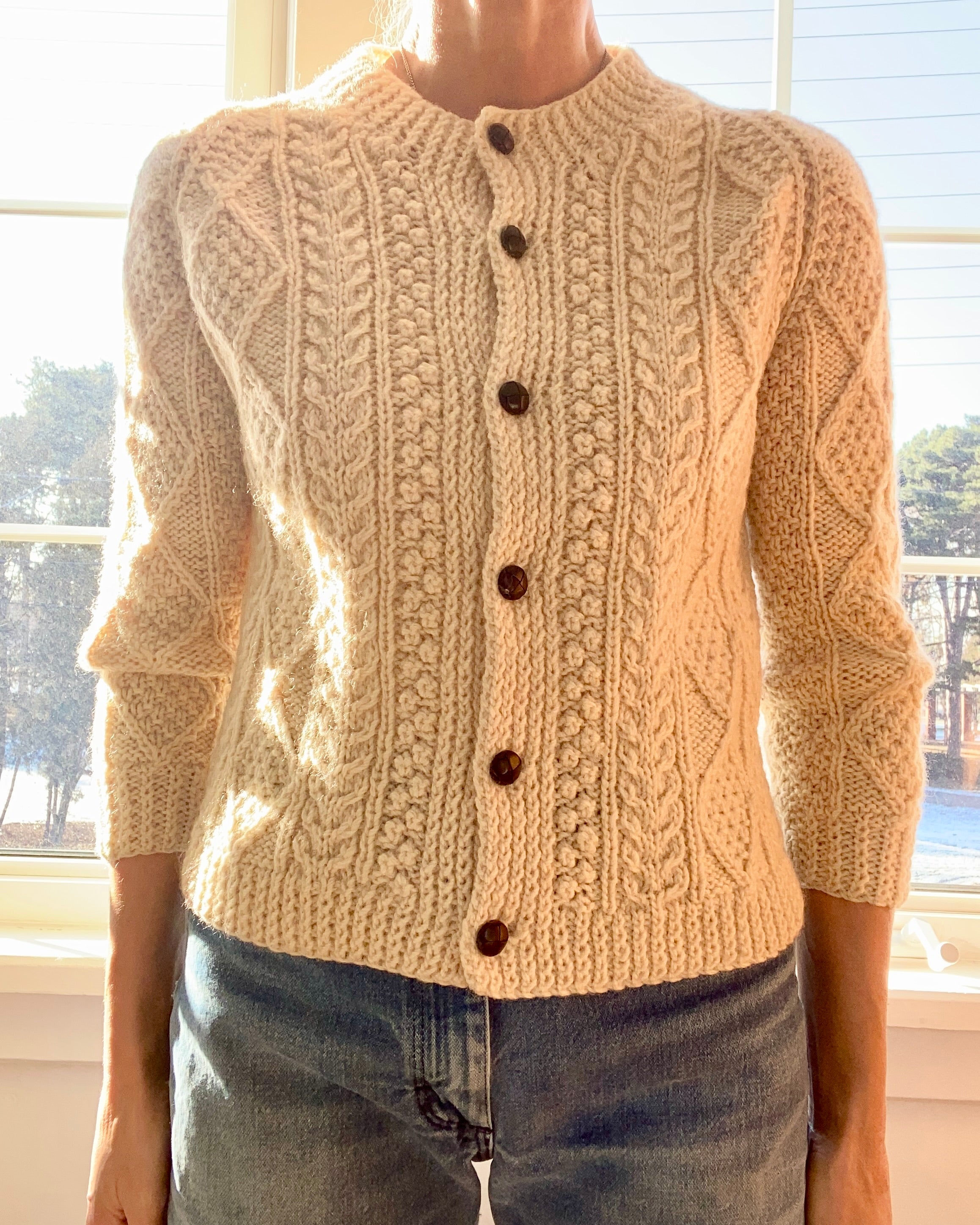 VINTAGE Handknit Irish Fisherman Cable Wool Cardigan S