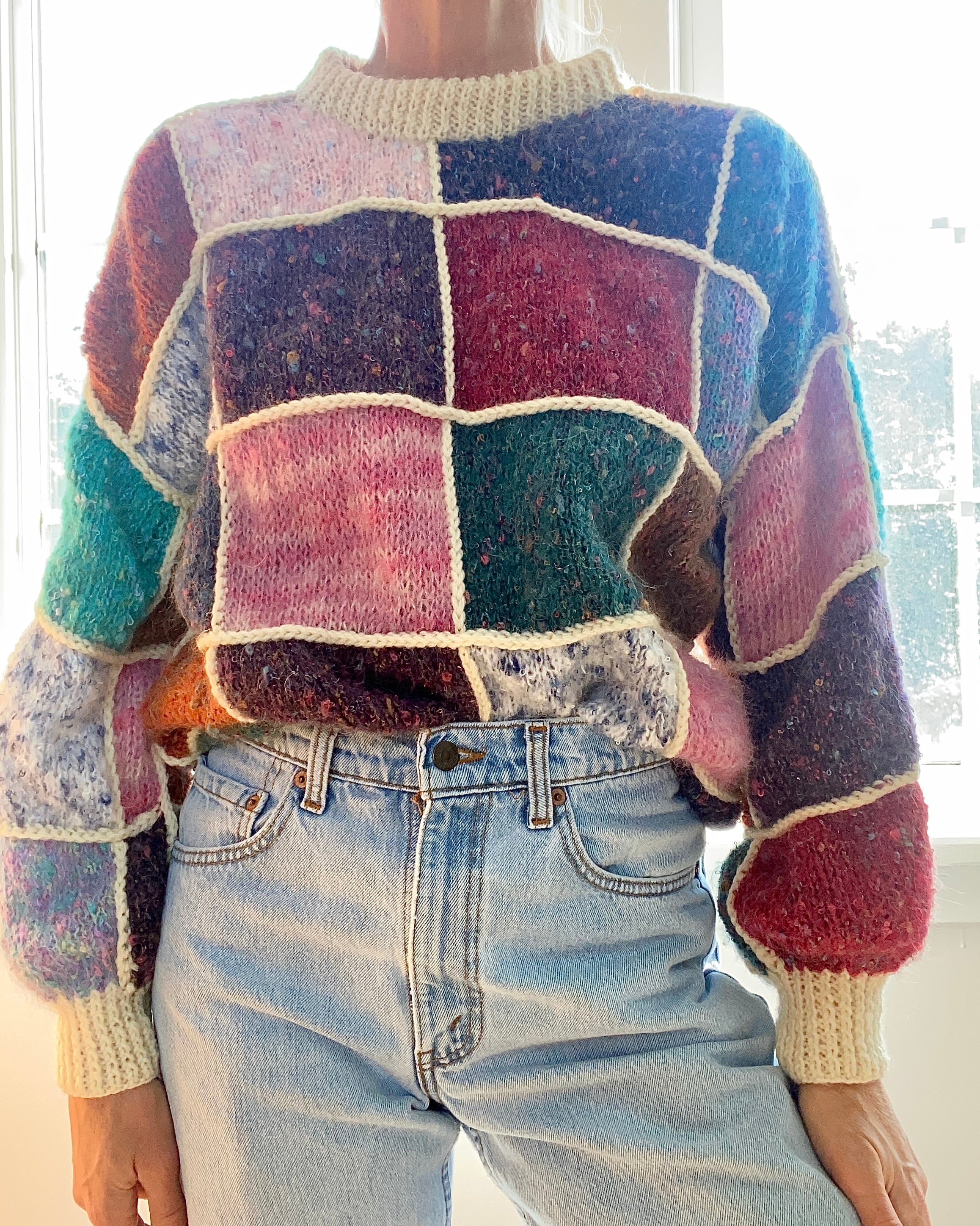 VINTAGE Handknit Mohair Patchwork Crochet Sweater