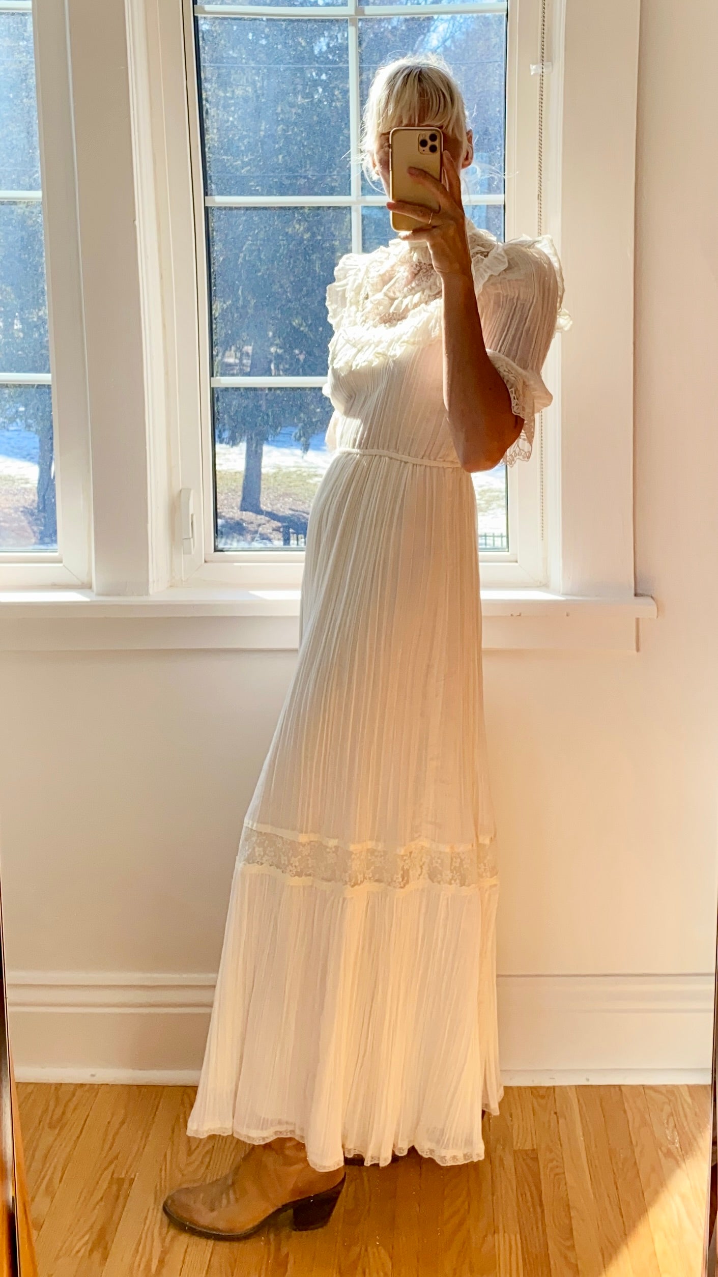Vintage 1970s Gunne Sax by Jessica San Francisco Pleated Cream Voile and Lace Maxi Dress size 7