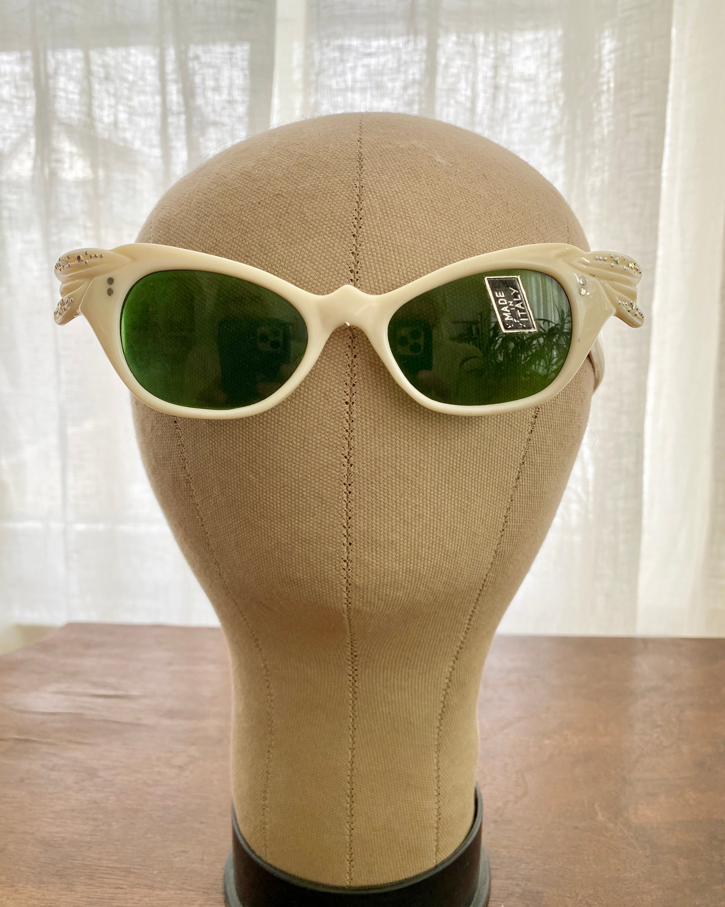 Vintage 1950s Italian Bone Color Lucite with Rhinestones Cat Eye Sunglasses Deadstock with Tags