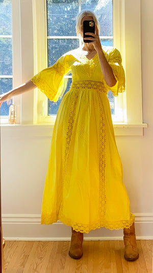VINTAGE 1970s Yellow Cotton Lace Mexican Wedding Maxi Dress