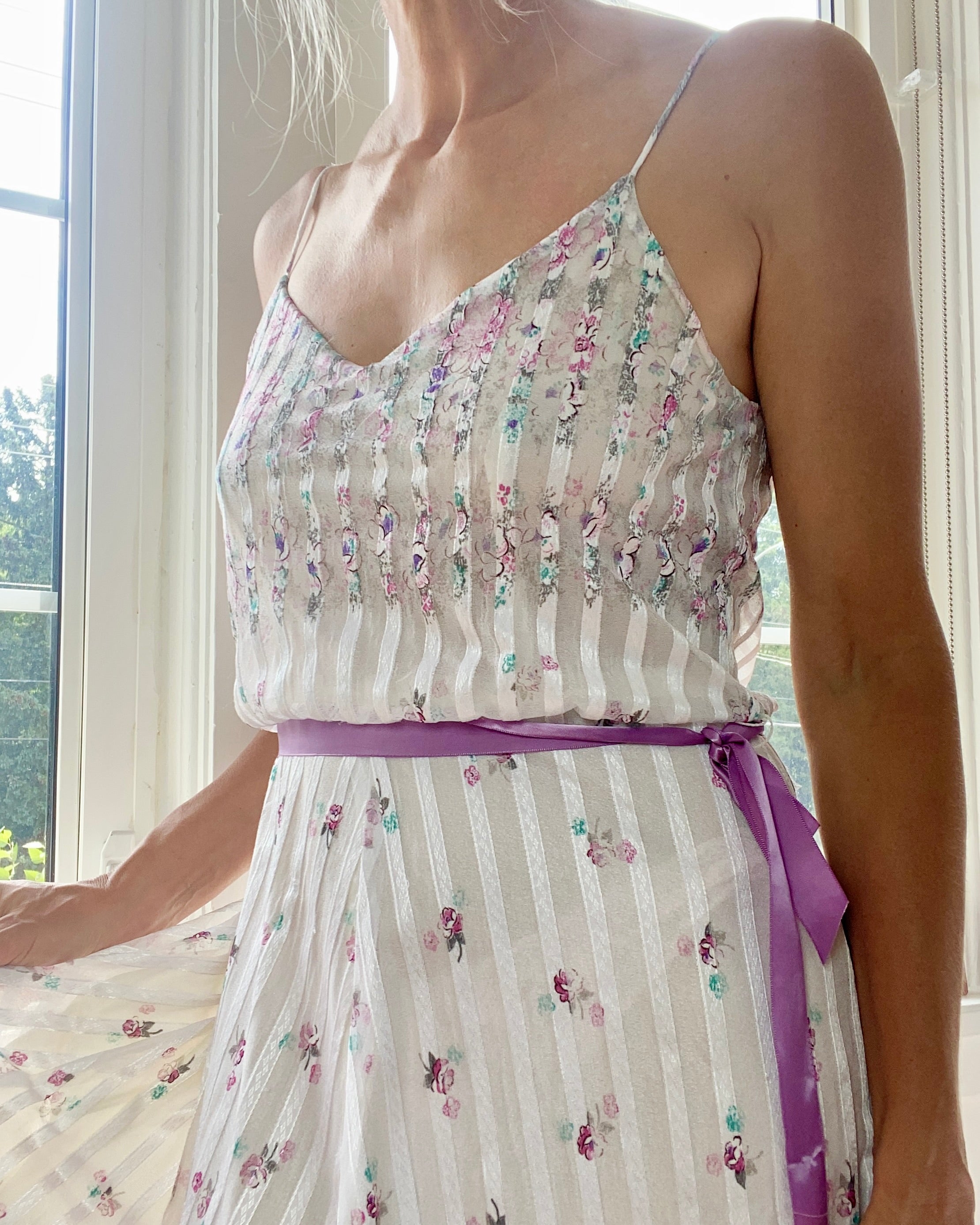 Vintage 1970s White Chiffon Floral Handkerchief Dress