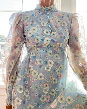 Vintage 1960s Floral Organza Prairie Victorian Inspired Dress XS or S