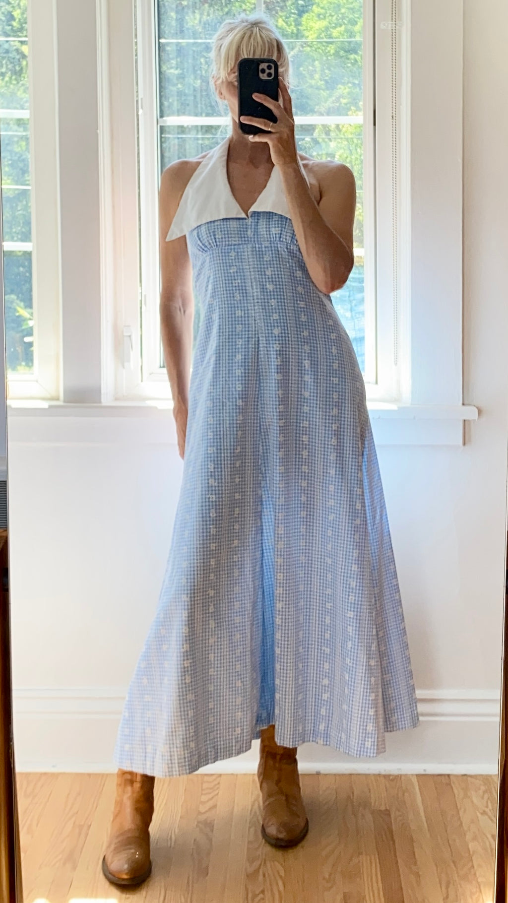 VINTAGE 1970s Baby Blue Gingham Embroidered Halter Maxi Dress