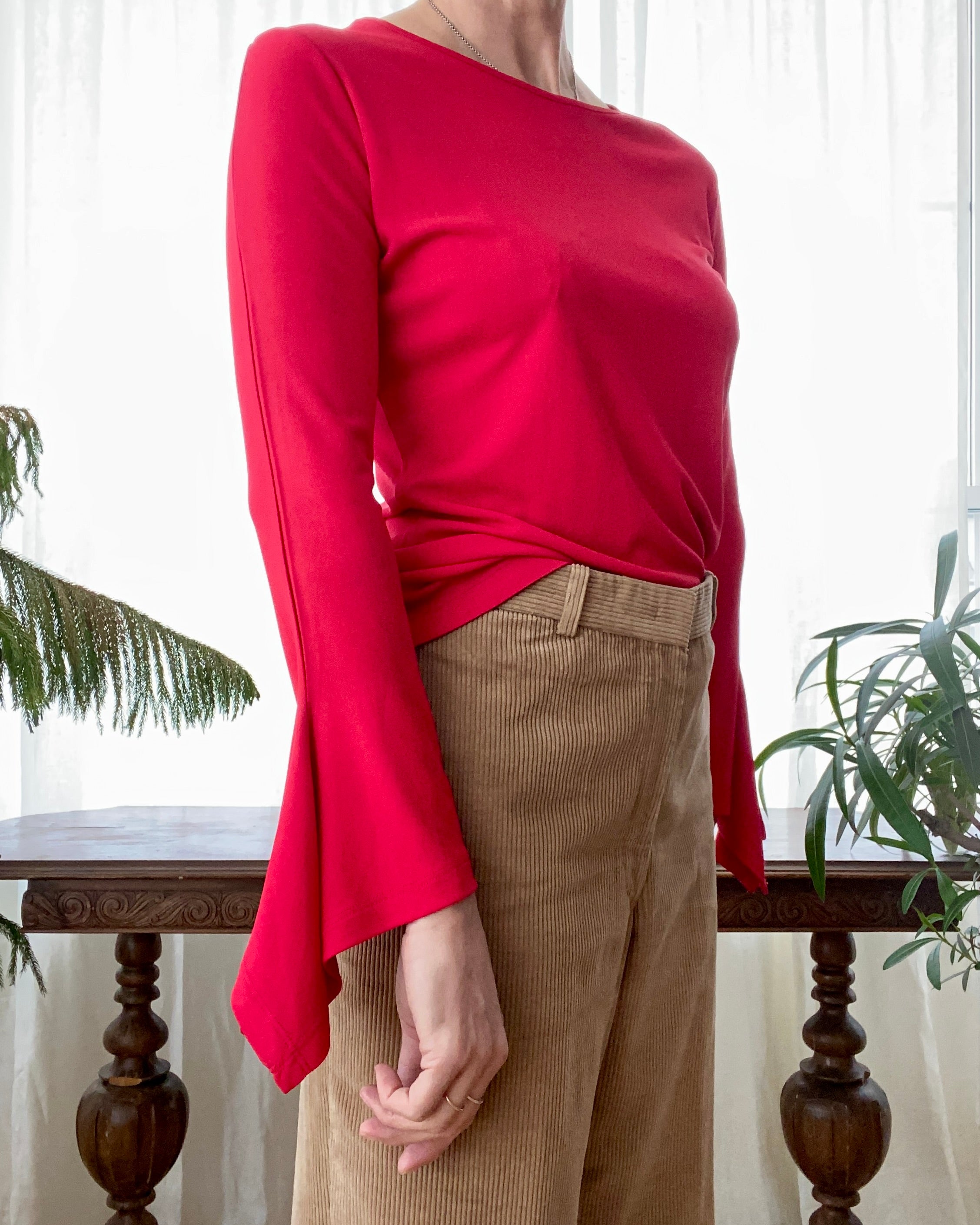 Vintage 1990s Louis Feraud Red Matte Jersey Bell sleeve Tee M