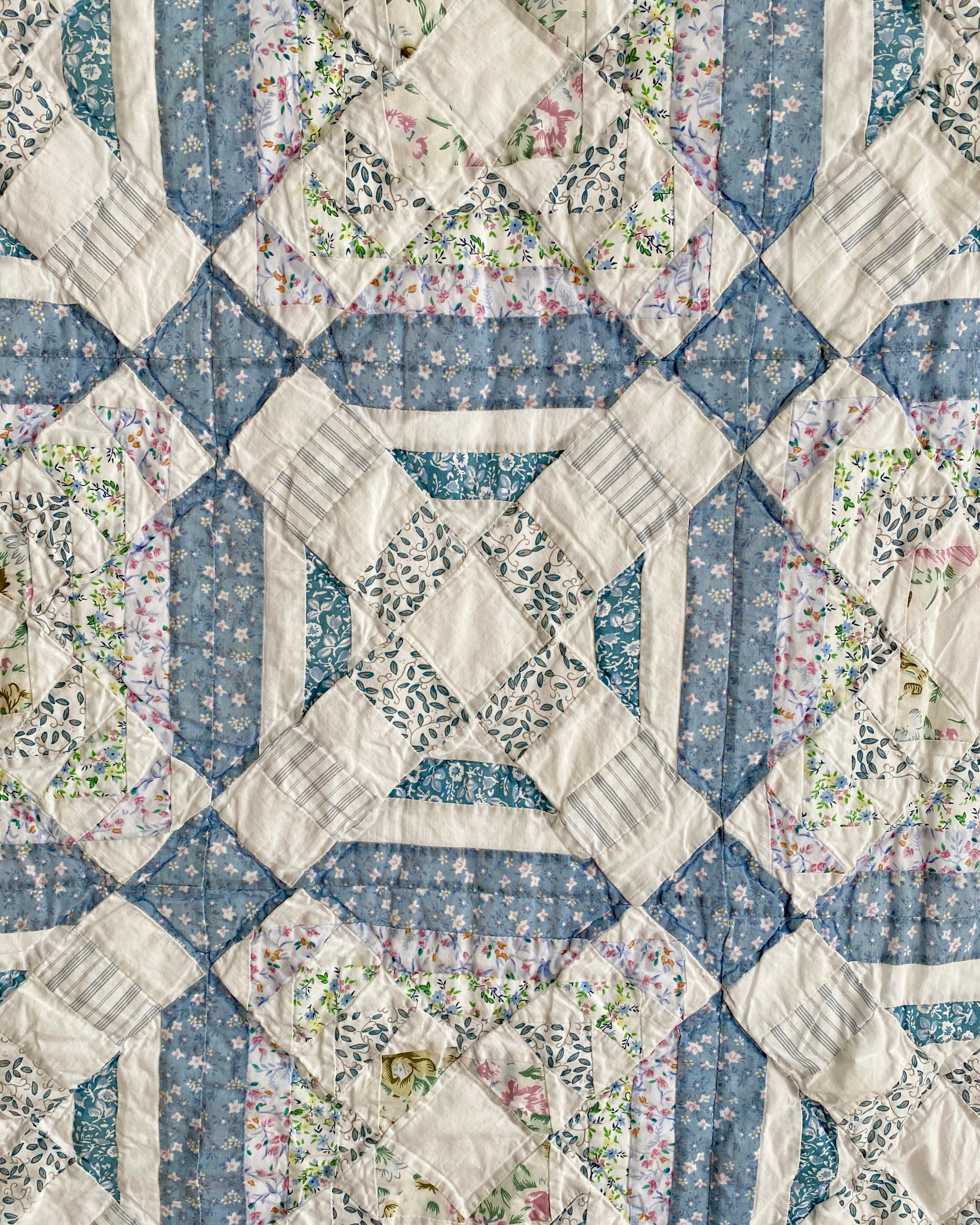 Vintage Lattice Blue & White Patchwork Quilt