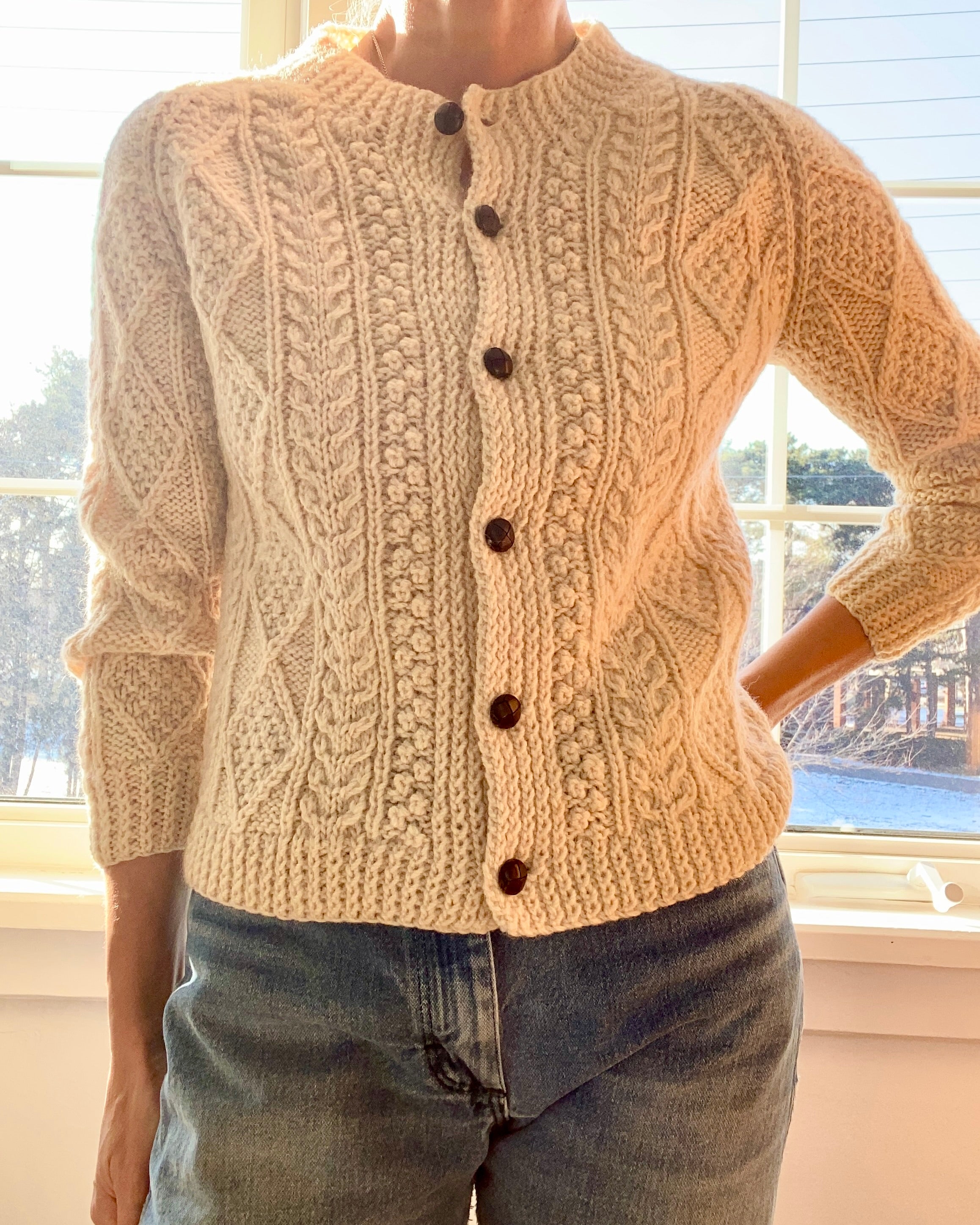 VINTAGE Handknit Irish Fisherman Cable Wool Cardigan S