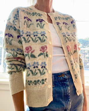 VINTAGE LLBEAN Floral Wool Cardigan Sweater M