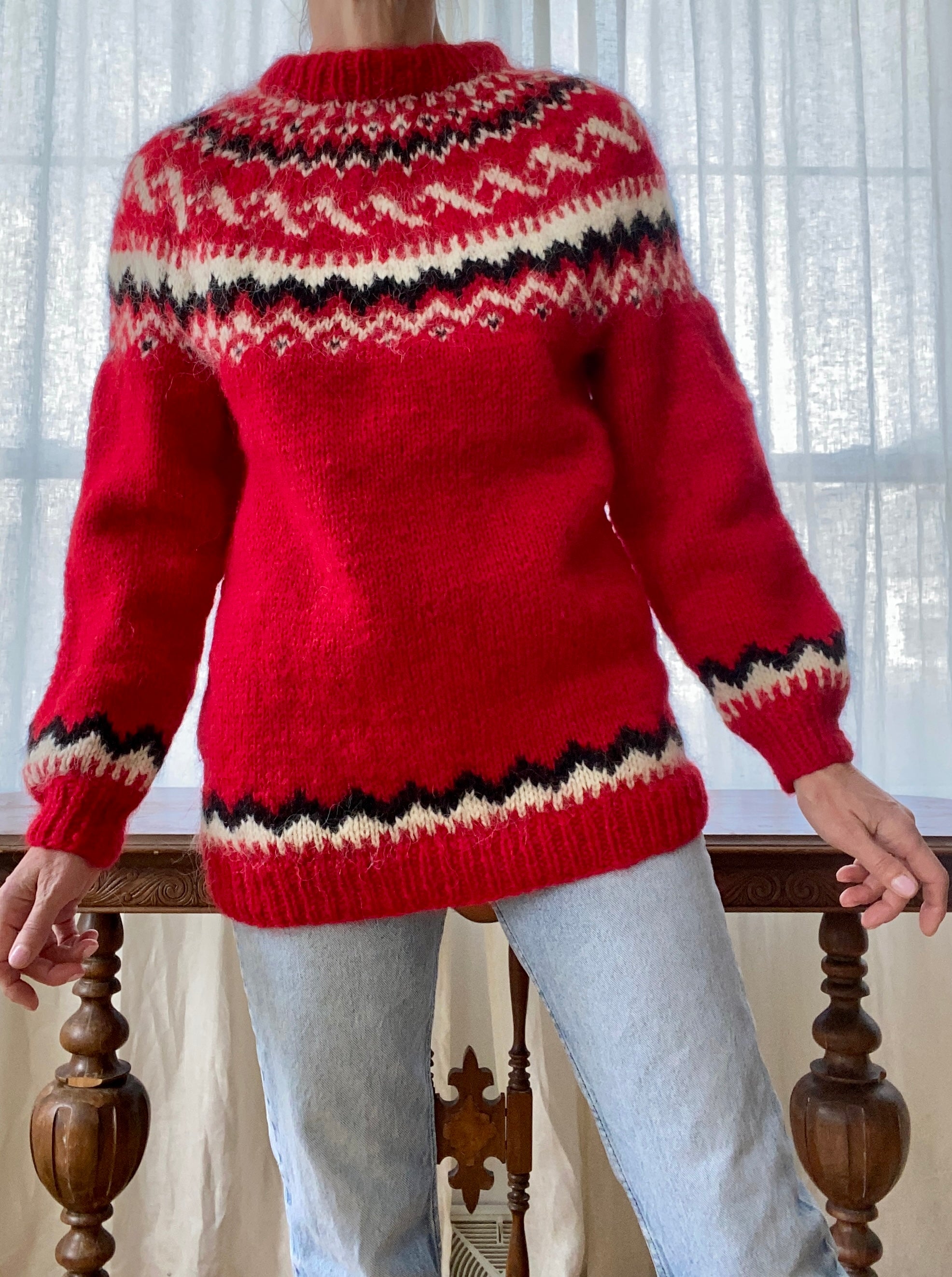 Vintage Icelandic Lopi Fair Isle Red Sweater M L