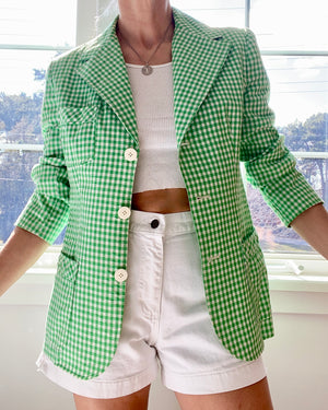 Vintage 1970s Ah! Austin Hill Green Gingham Cotton Blazer M