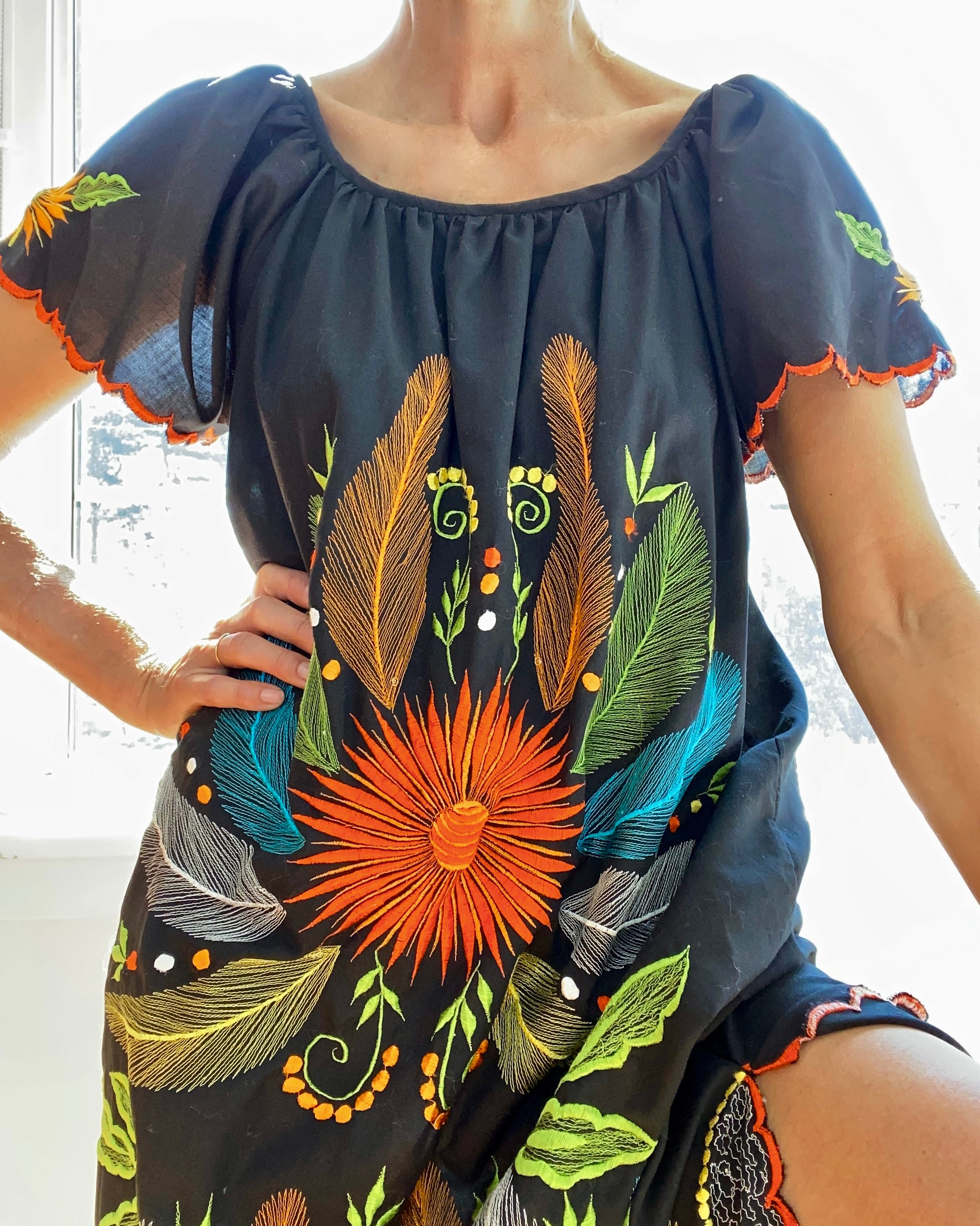 Vintage Mexican Embroidered Black Butterfly Maxi Dress