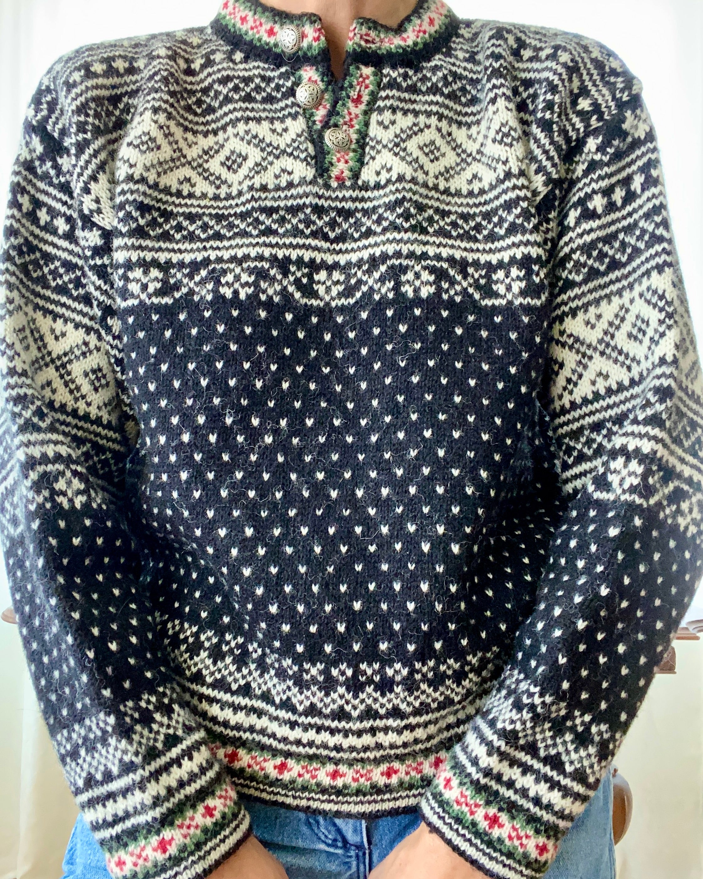Vintage L.L. Bean Fair Isle Norwegian Style Black Sweater Henley USA M