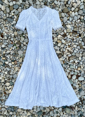 Vintage 1930s Cotton Floral Soutache Lace Midi Flare Dress S