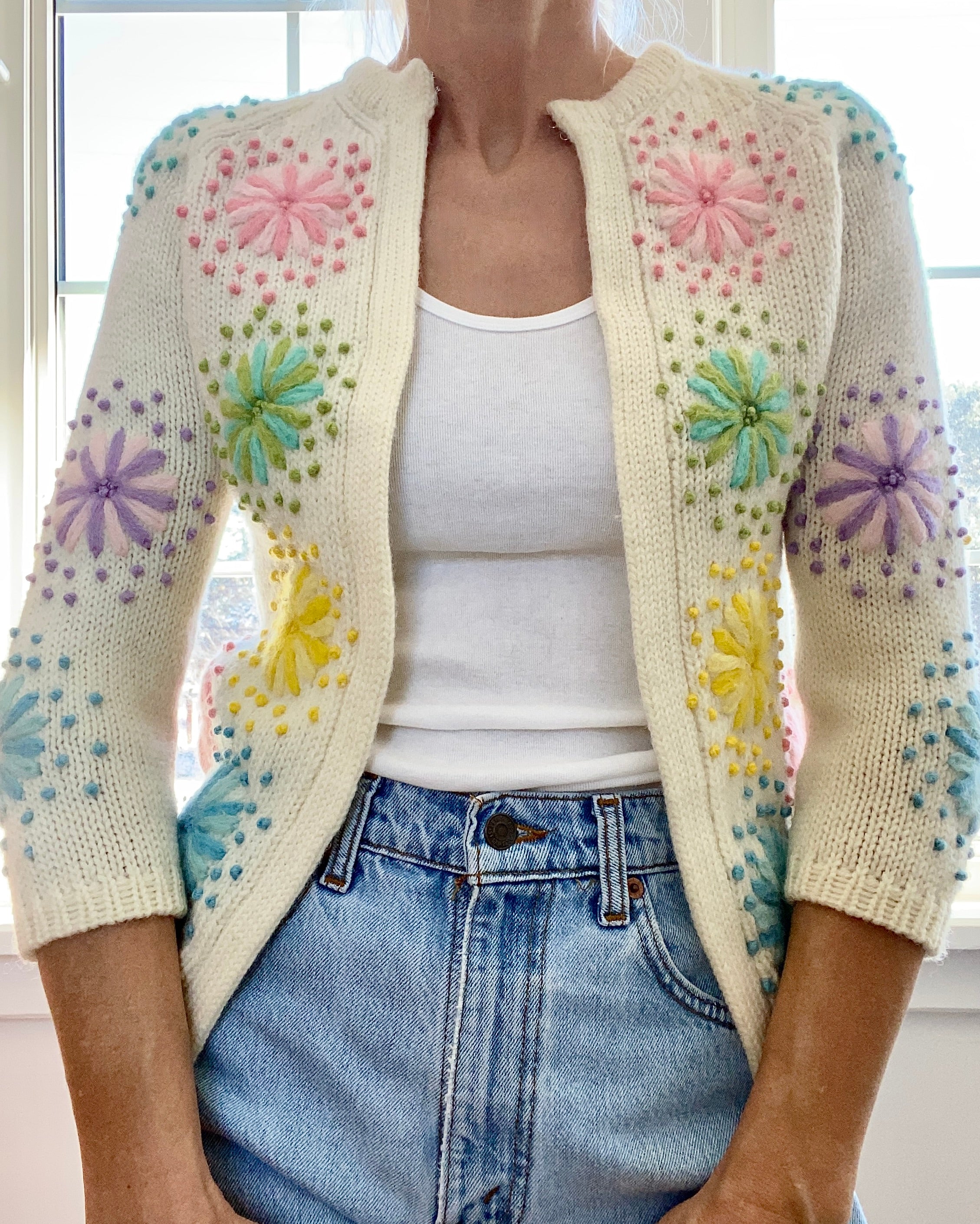 VINTAGE Pastel Flower Embroidered Wool Cardigan