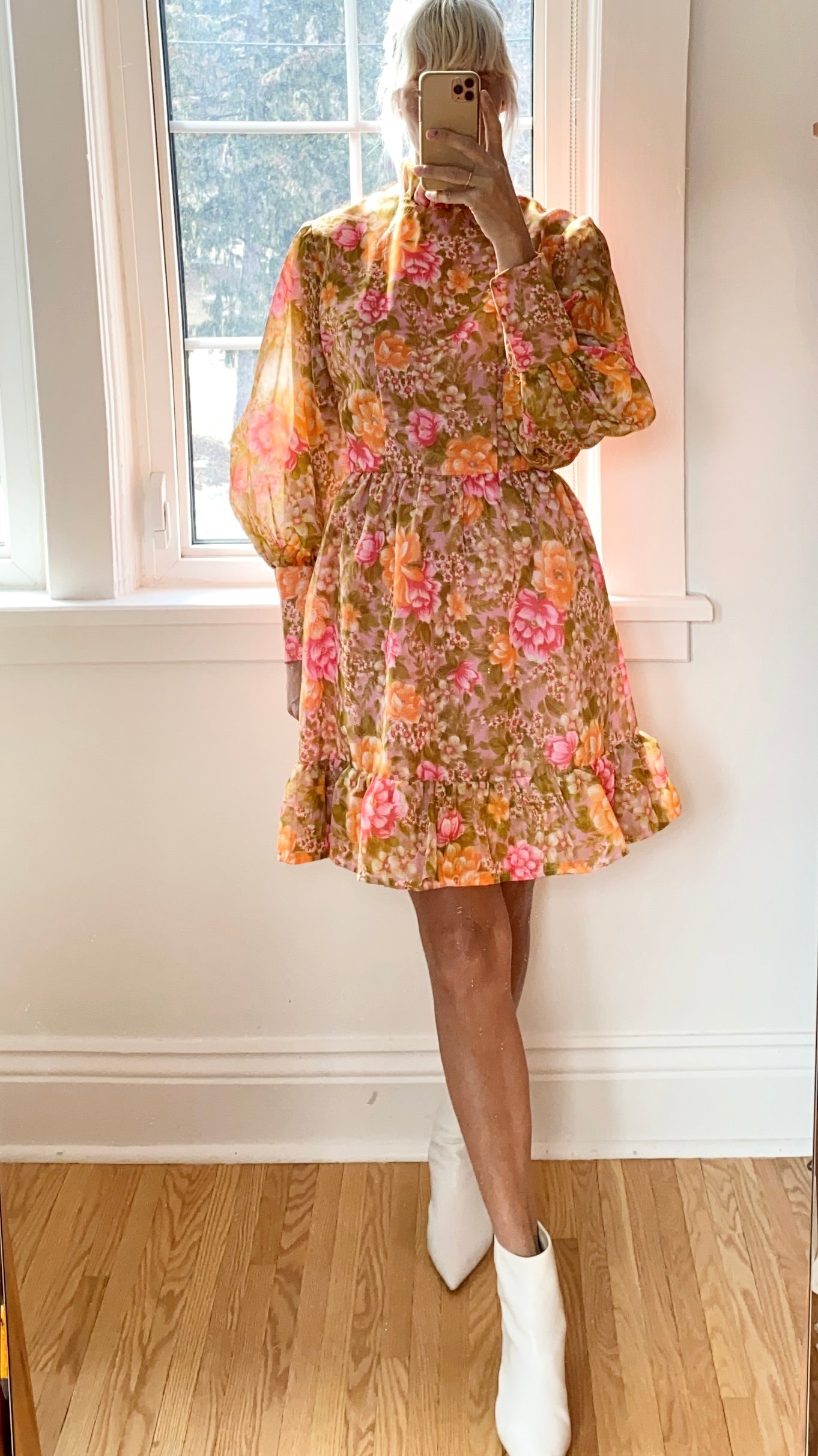 Vintage 1960s Floral Organza Puff Sleeve Sleeves M