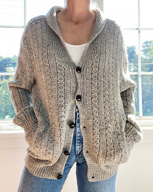 VINTAGE Handknit Shawl Collar Irish Light Grey Cardigan