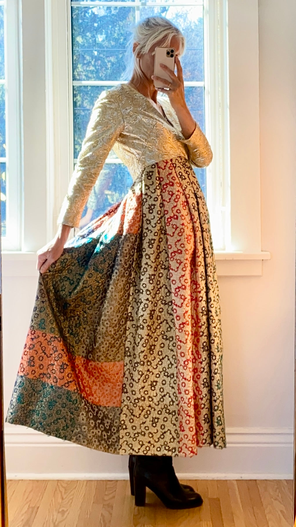 VINTAGE 1960s Morton Myles for Malcolm Charles Gold Floral Brocade Gown Dress 8 M
