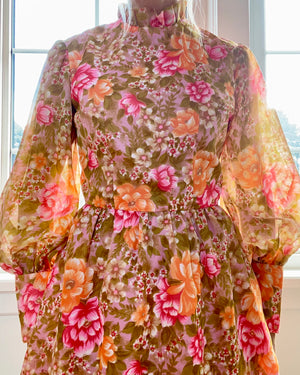 Vintage 1960s Floral Organza Puff Sleeve Sleeves M