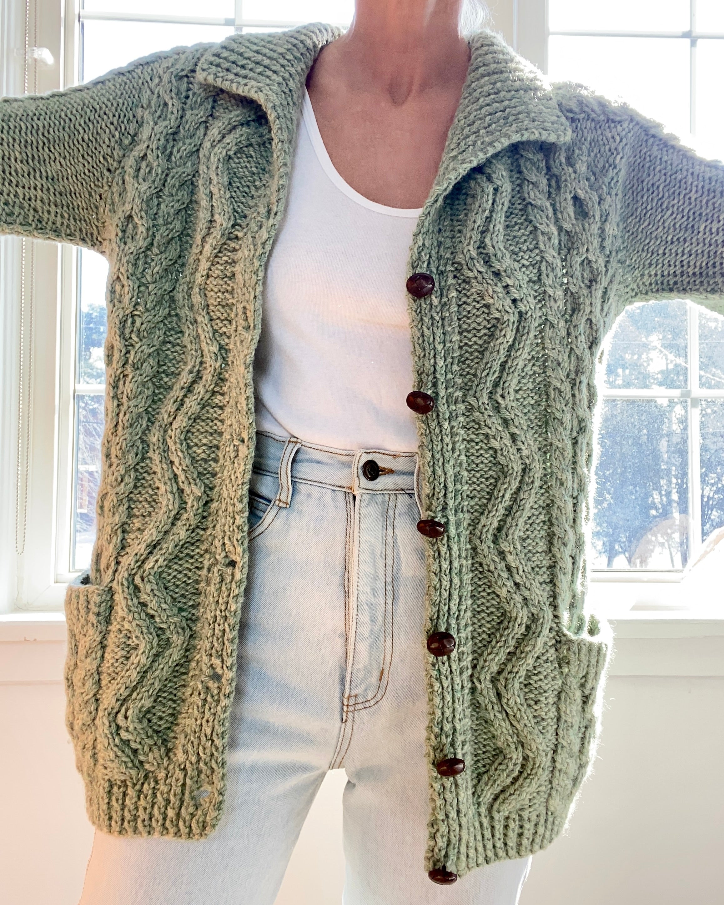 VINTAGE Sage Green Cable Wool Cardigan with Collar