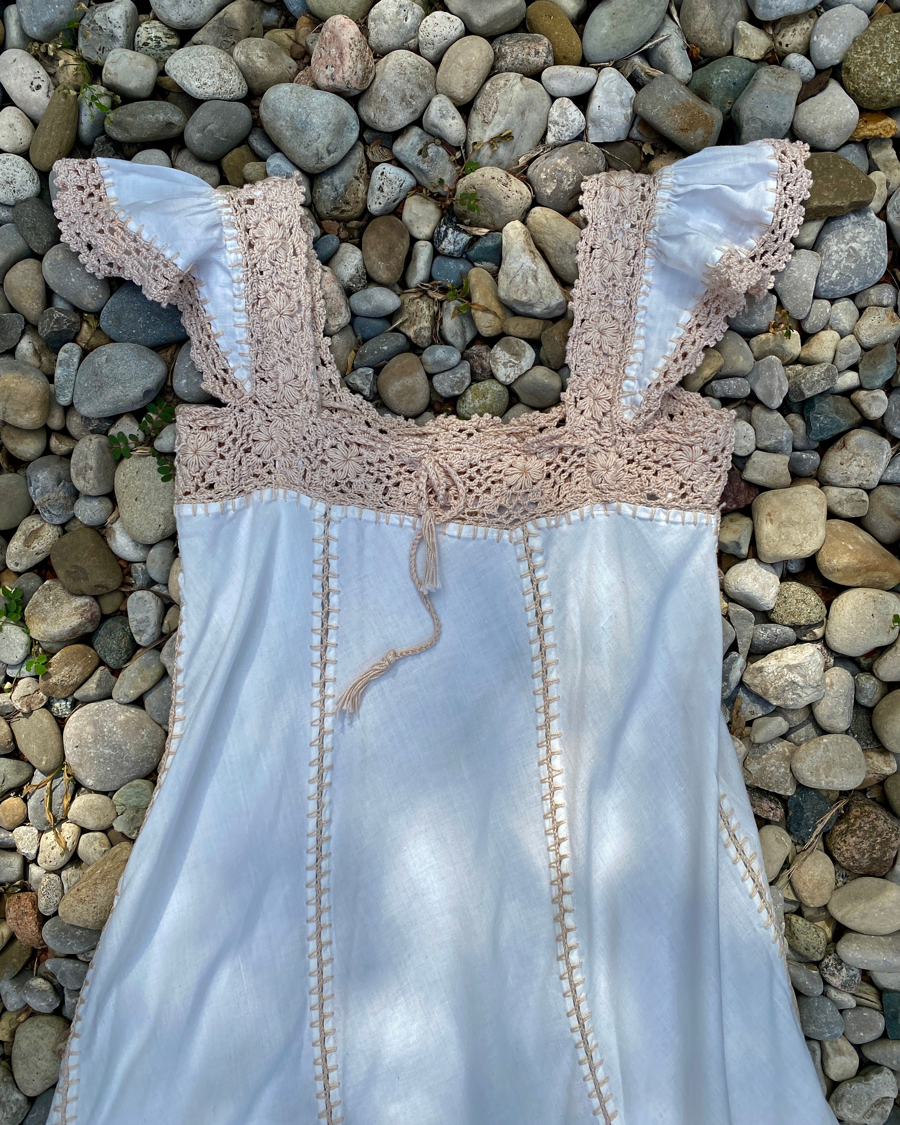 VINTAGE Handmade 1970s Ivory and Sand Crochet Dress