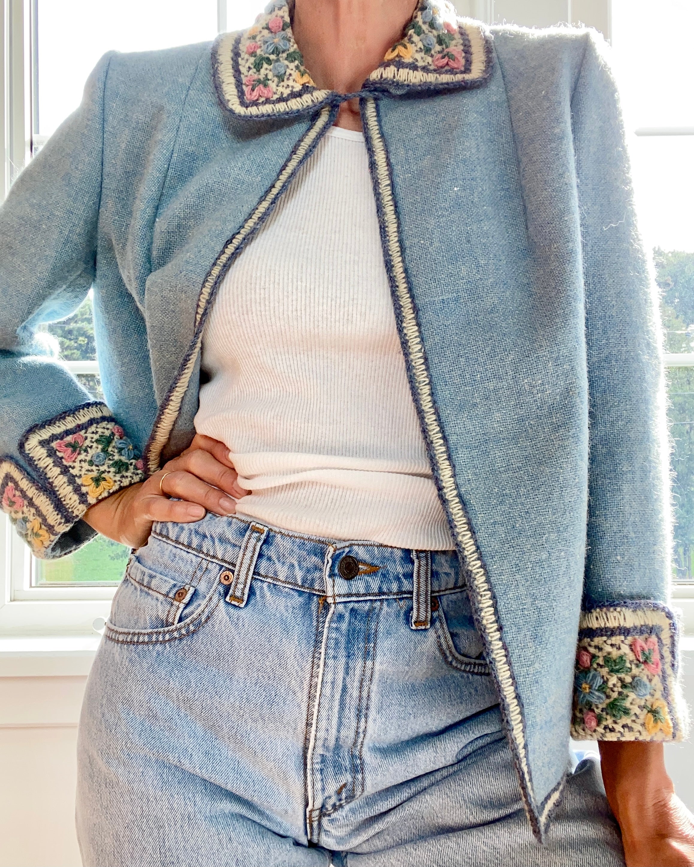 Vintage Handwoven Blue Wool with Embroidery Jacket