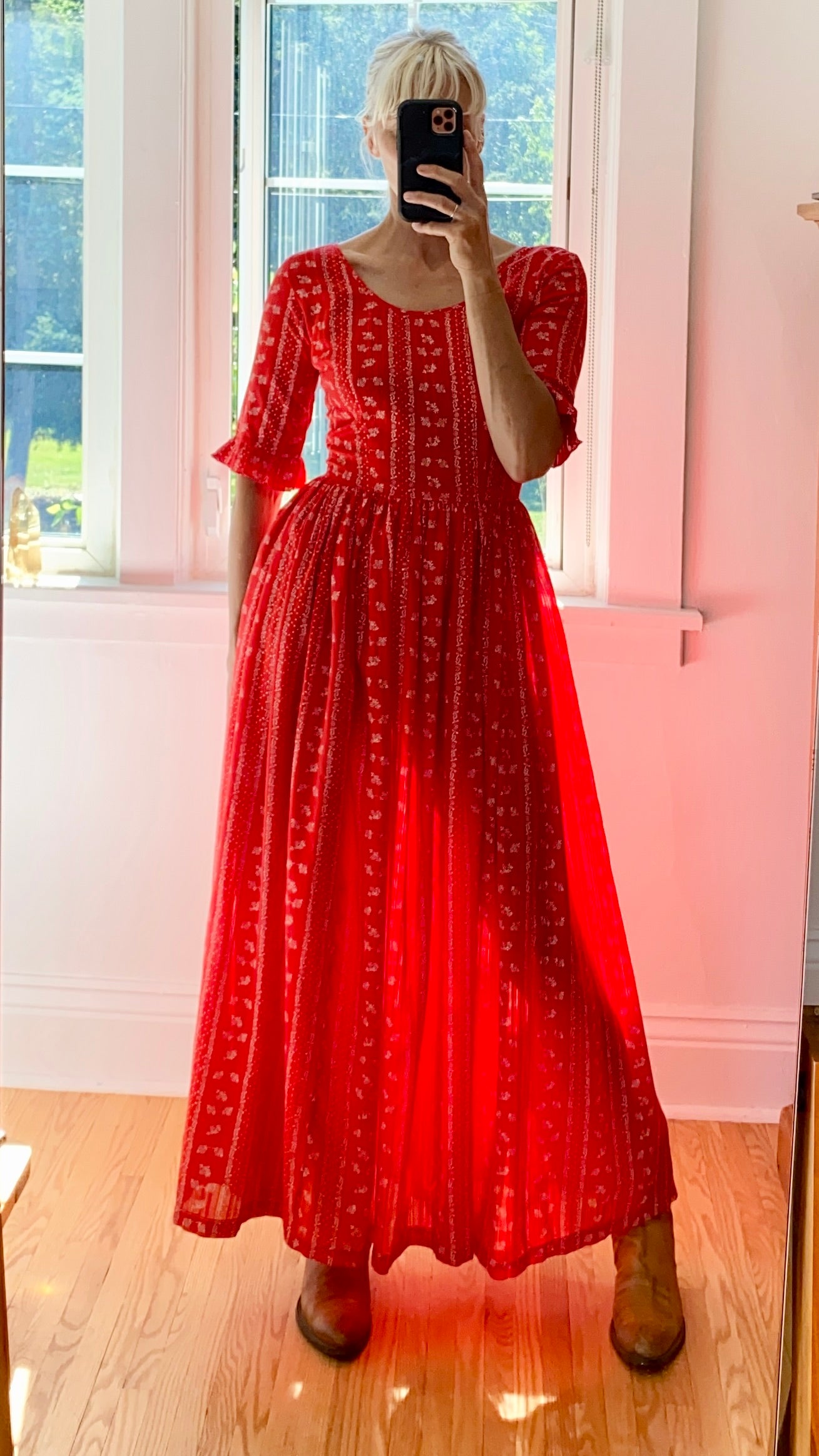 VINTAGE 1970s Red Bandana Print Prairie Dress