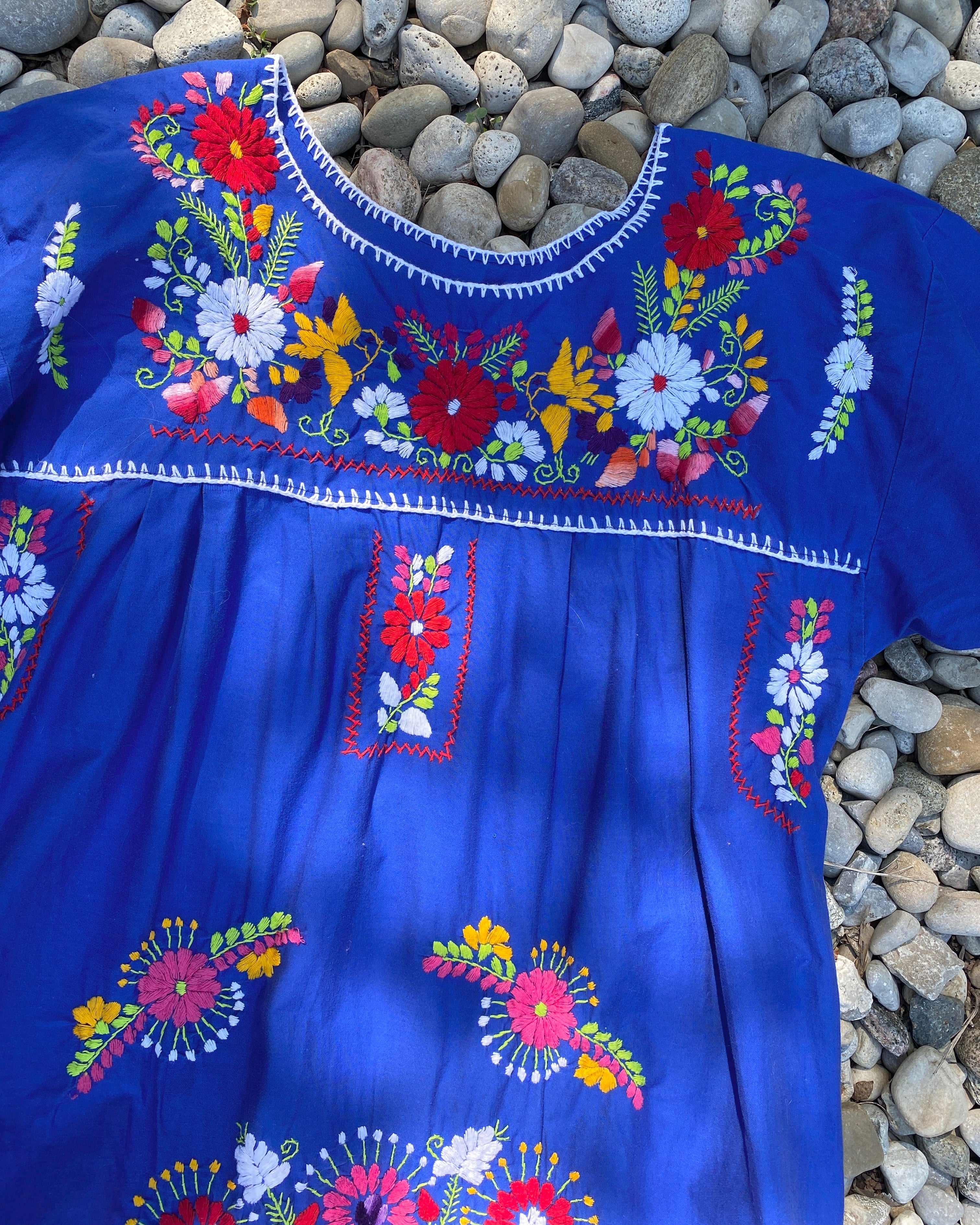 Vintage Mexican Embroidered Blue Dress