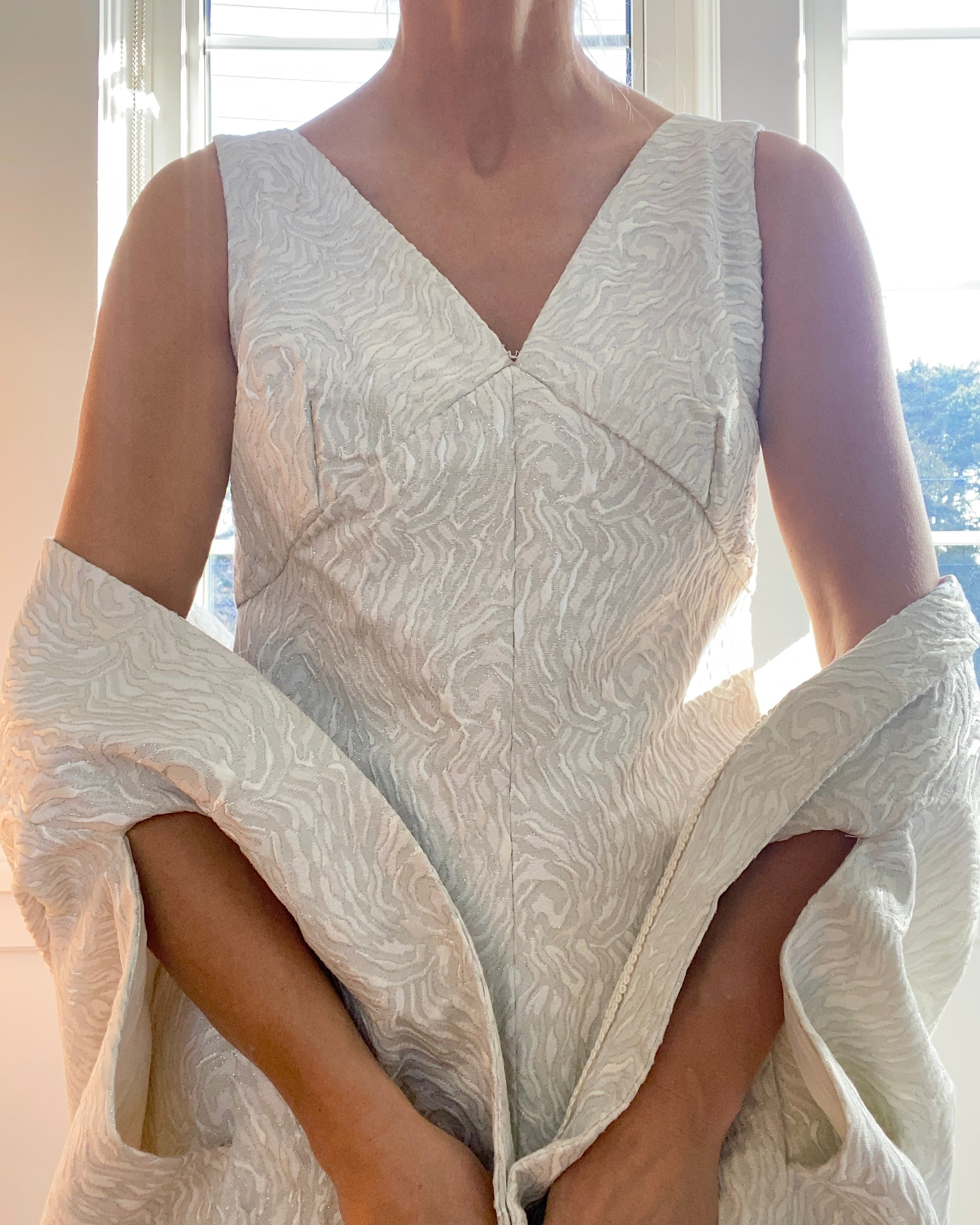 VINTAGE 1960s Silver and Ivory Brocade Dress and Cape