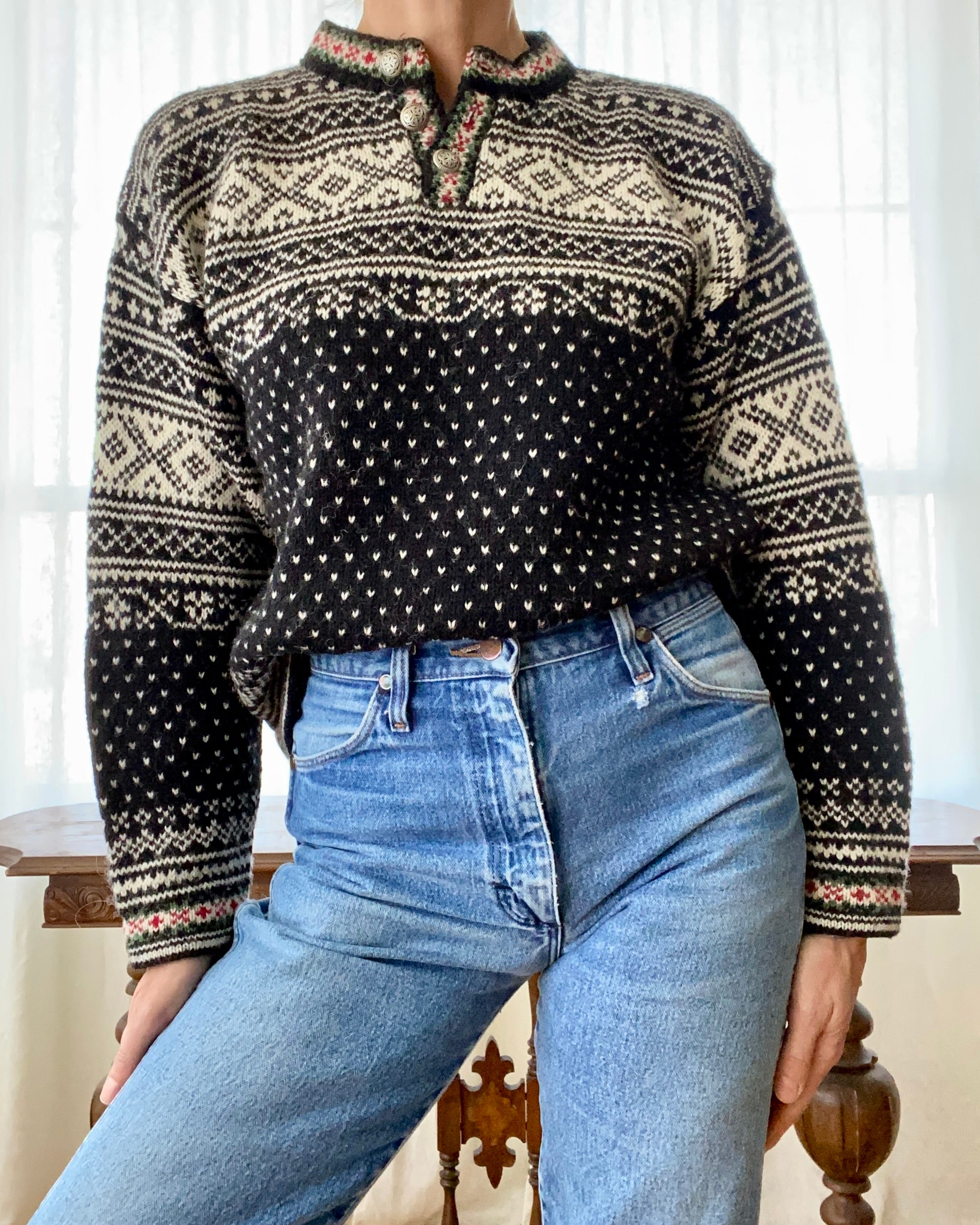 Vintage L.L. Bean Fair Isle Norwegian Style Black Sweater Henley USA M