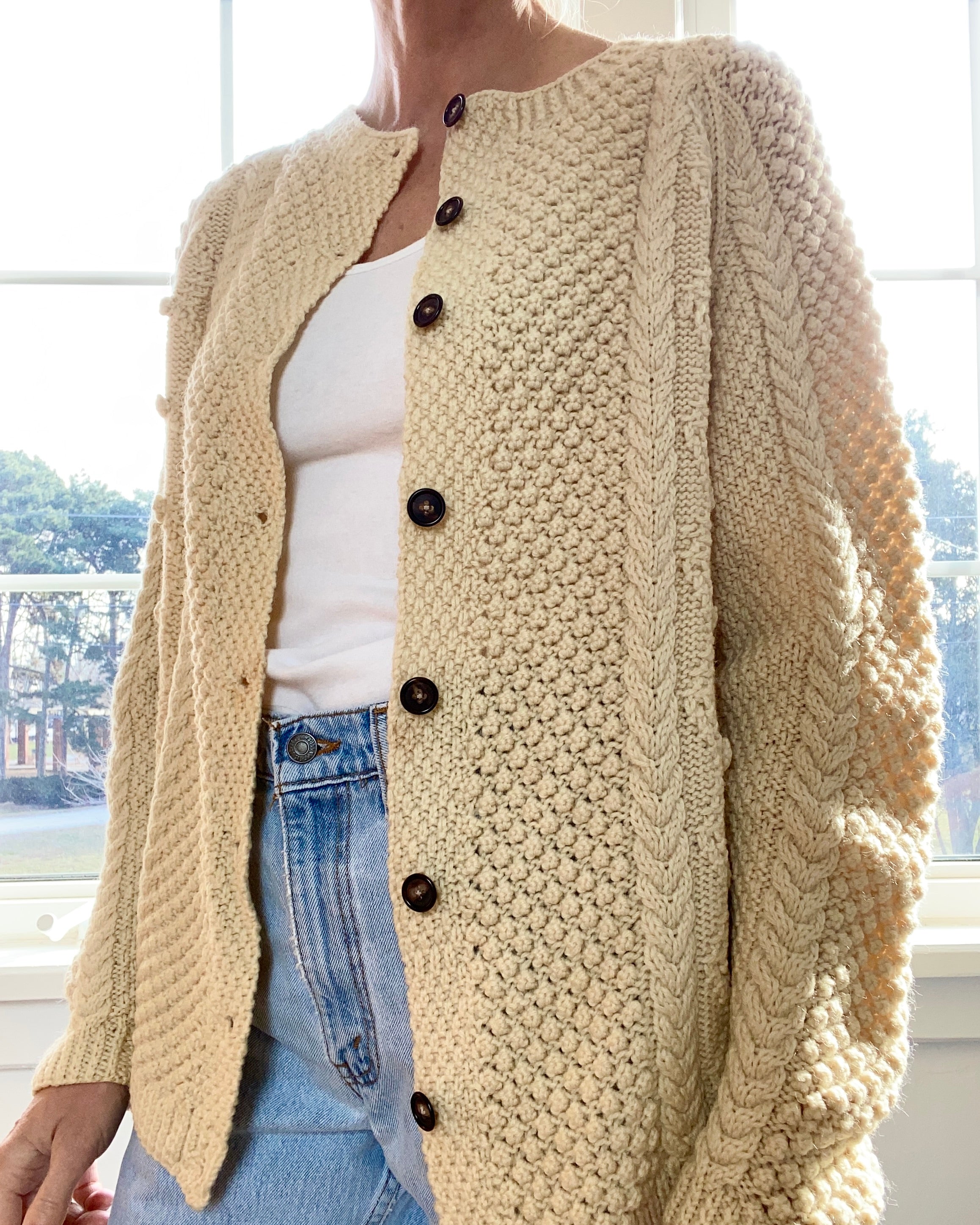 VINTAGE Fisherman Multi stitch Wool Cardigan