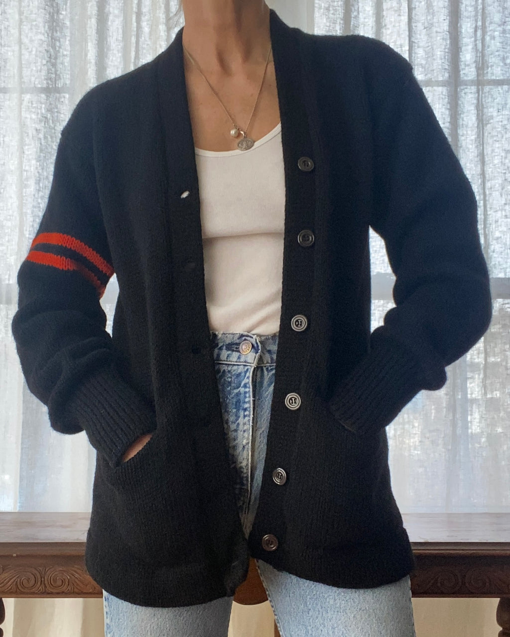 Vintage 1950s Princeton Black Wool Varsity College Cardigan Sweater Jacket