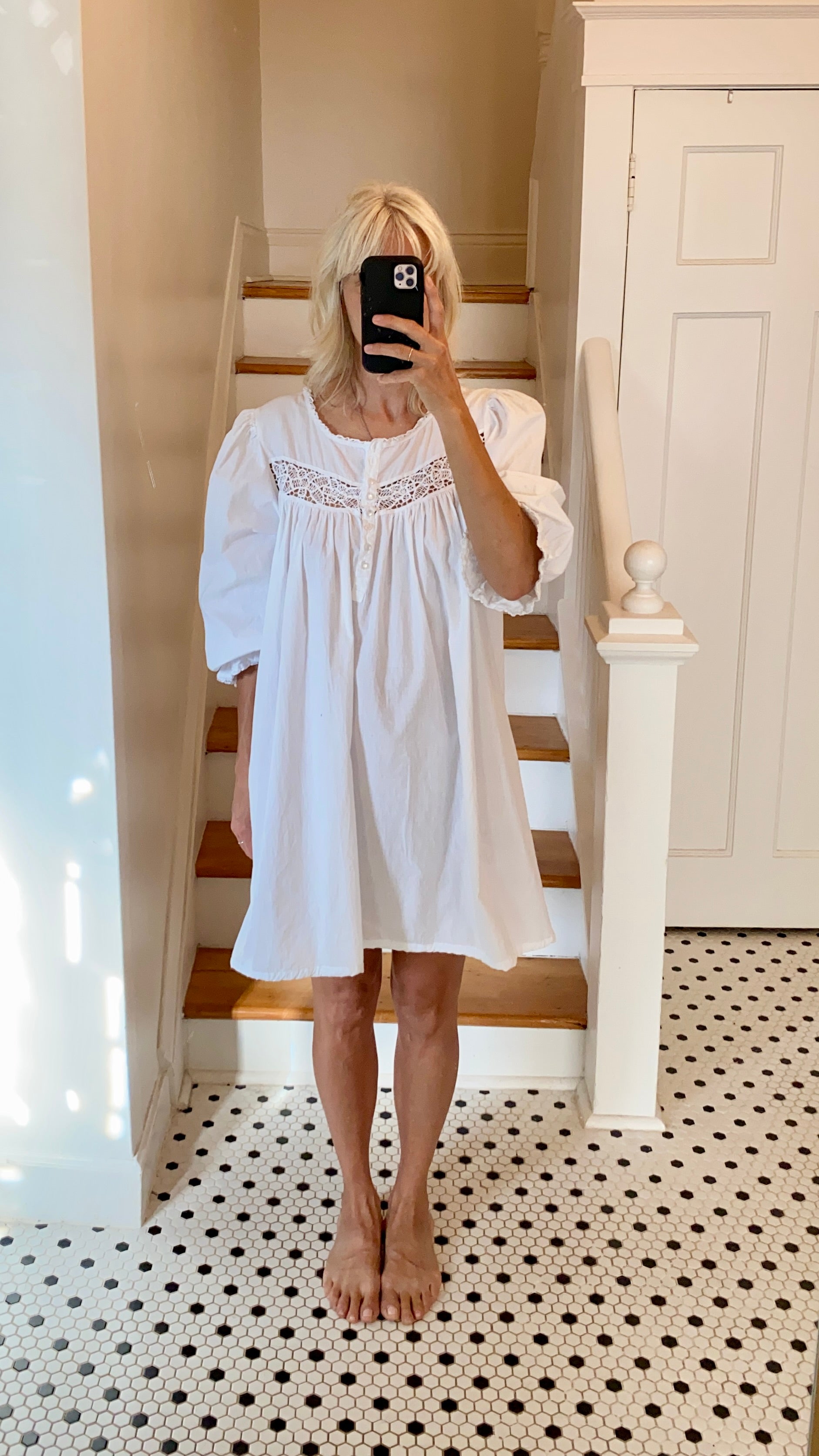 VINTAGE White Cotton Nighty Dress with Puff Sleeves