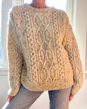 Vintage Handknit ARAN KNITS Oatmeal Fisherman Cable Sweater Made in Ireland M L XL