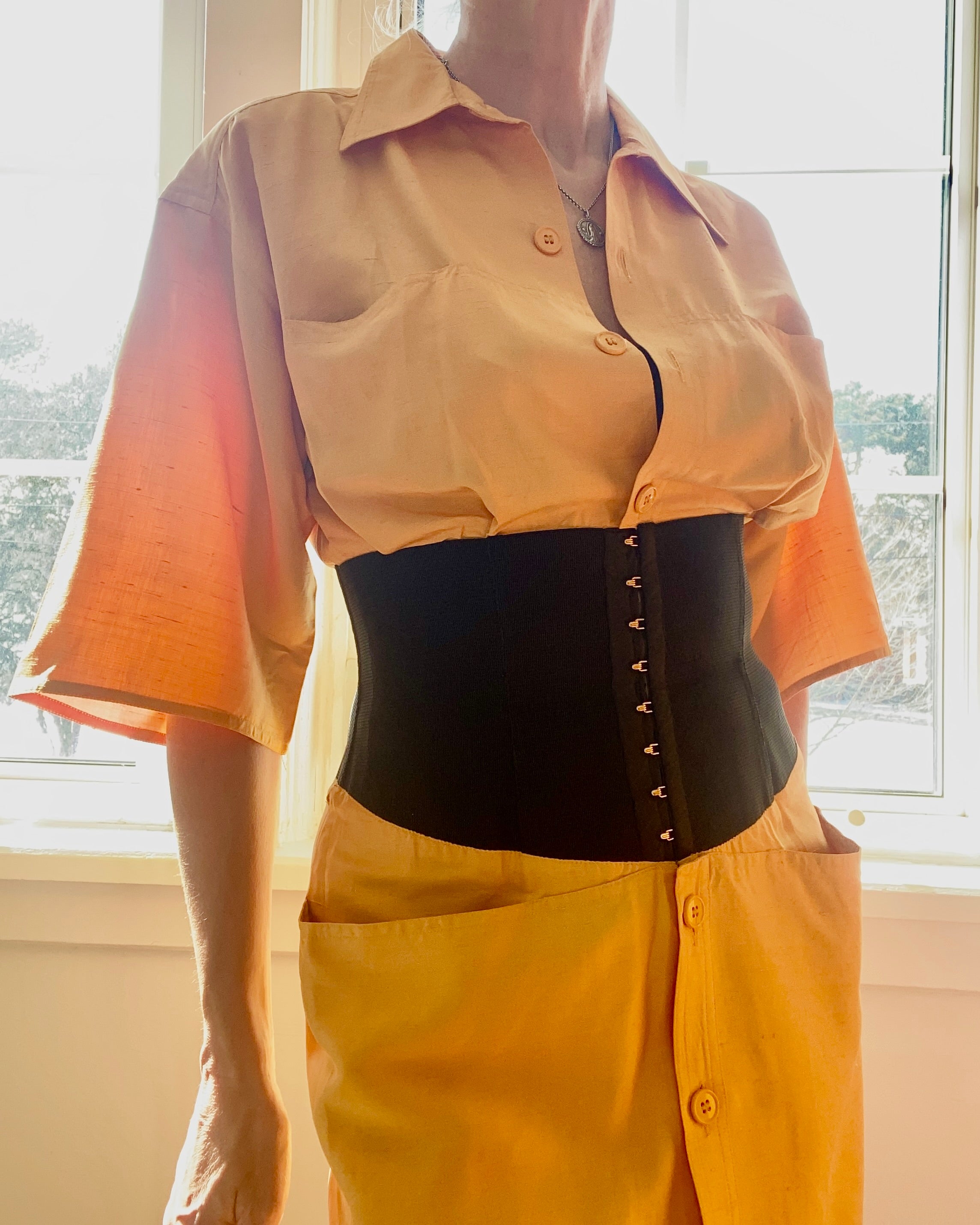 Vintage 1980s GIANFRANCO FERRE Ocre Silk Corset Shirt Dress 42 6 8
