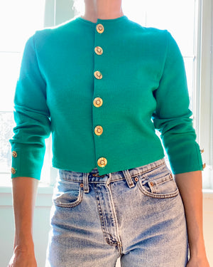 Vintage 1980s JAEGER Emerald Green Crop Knit Jacket Cardigan M