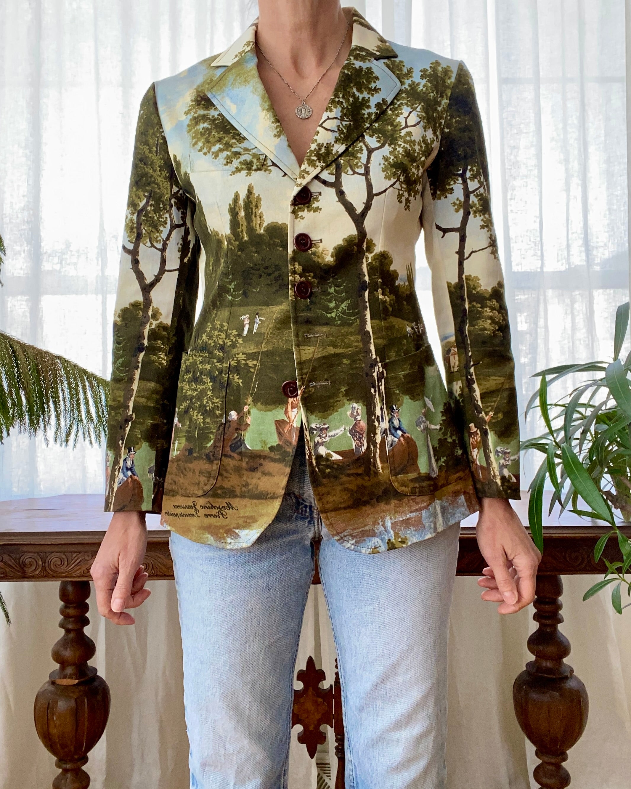 Vintage 1990s Moschino Runway Pop Art Print Blazer by Pierre Lecomte Painting Landscape Scene Italy 4 6 8 S M