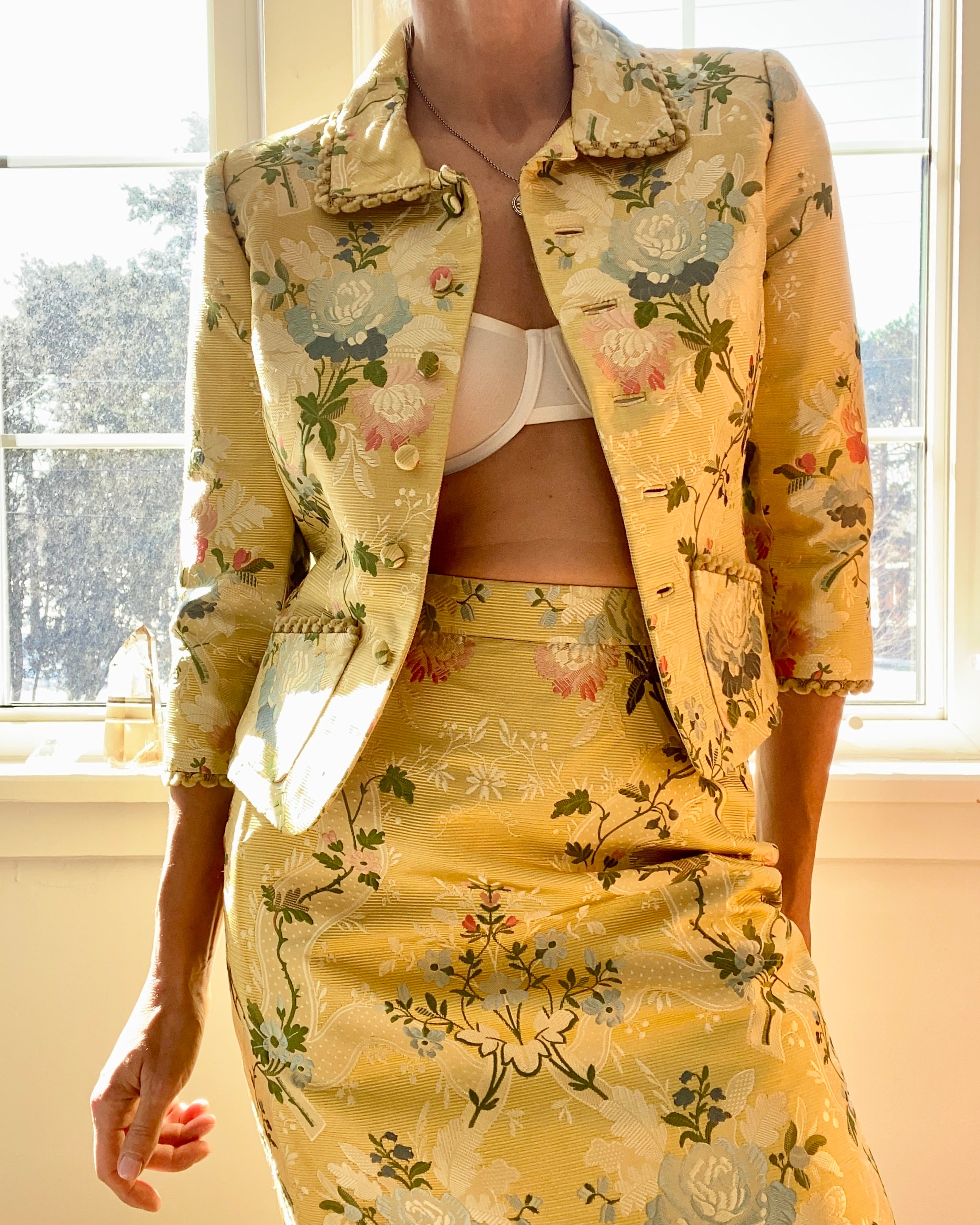 Vintage Runway OSCAR DE LA RENTA Silk Floral Brocade Skirt Suit Size 8 10