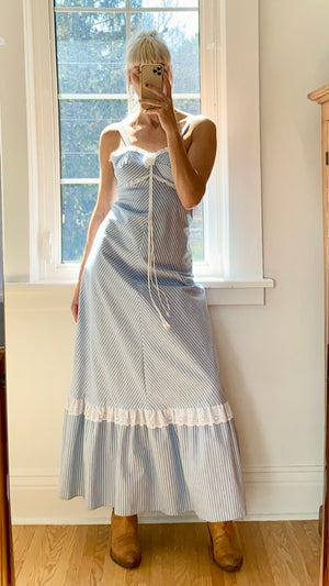 Vintage 1970s Jody T of California Blue Stripe Maxi Dress Size 2/4