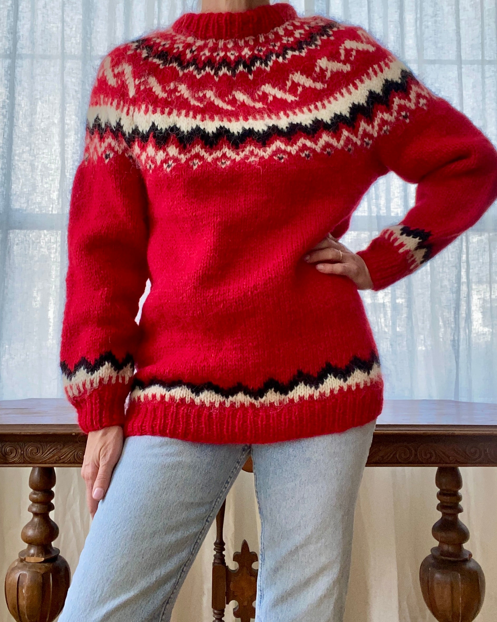 Vintage Icelandic Lopi Fair Isle Red Sweater M L