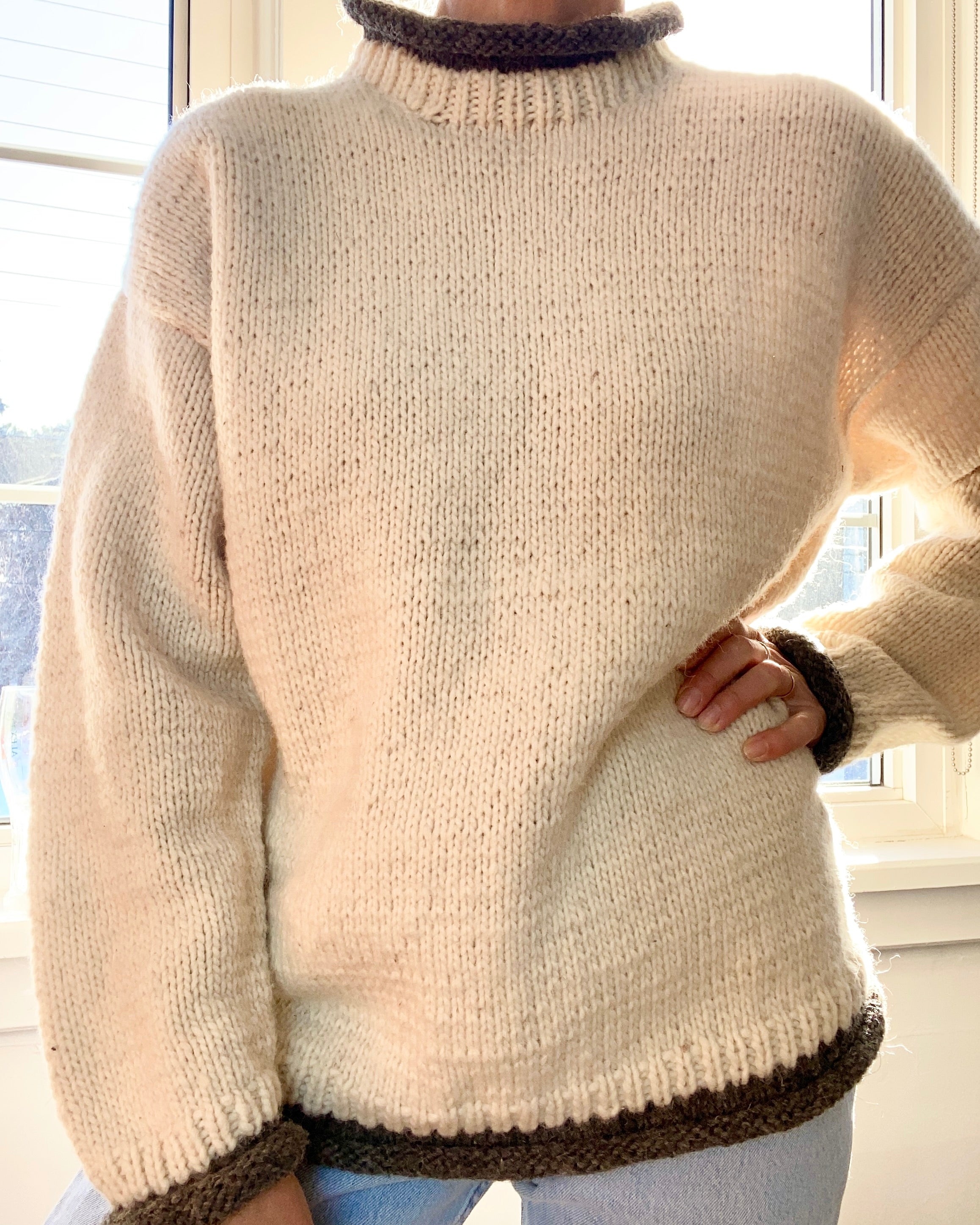 VINTAGE Cream Handknit Virgin Wool Rolled Neck Sweater