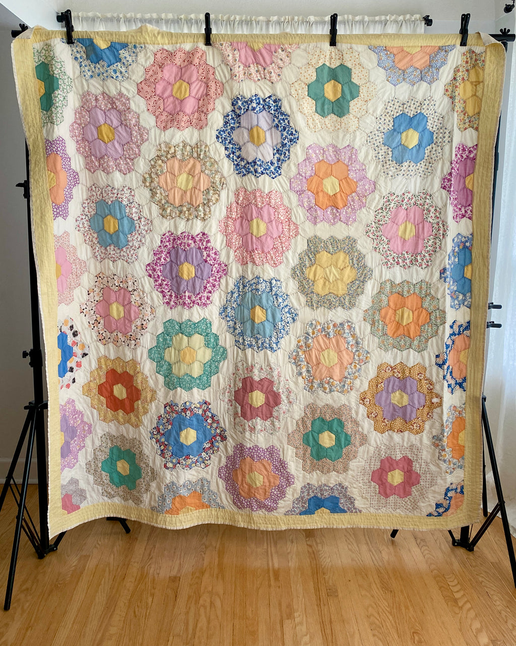 Vintage 1960s Pastel Grandmothers Garden Floral Patchwork Quilt