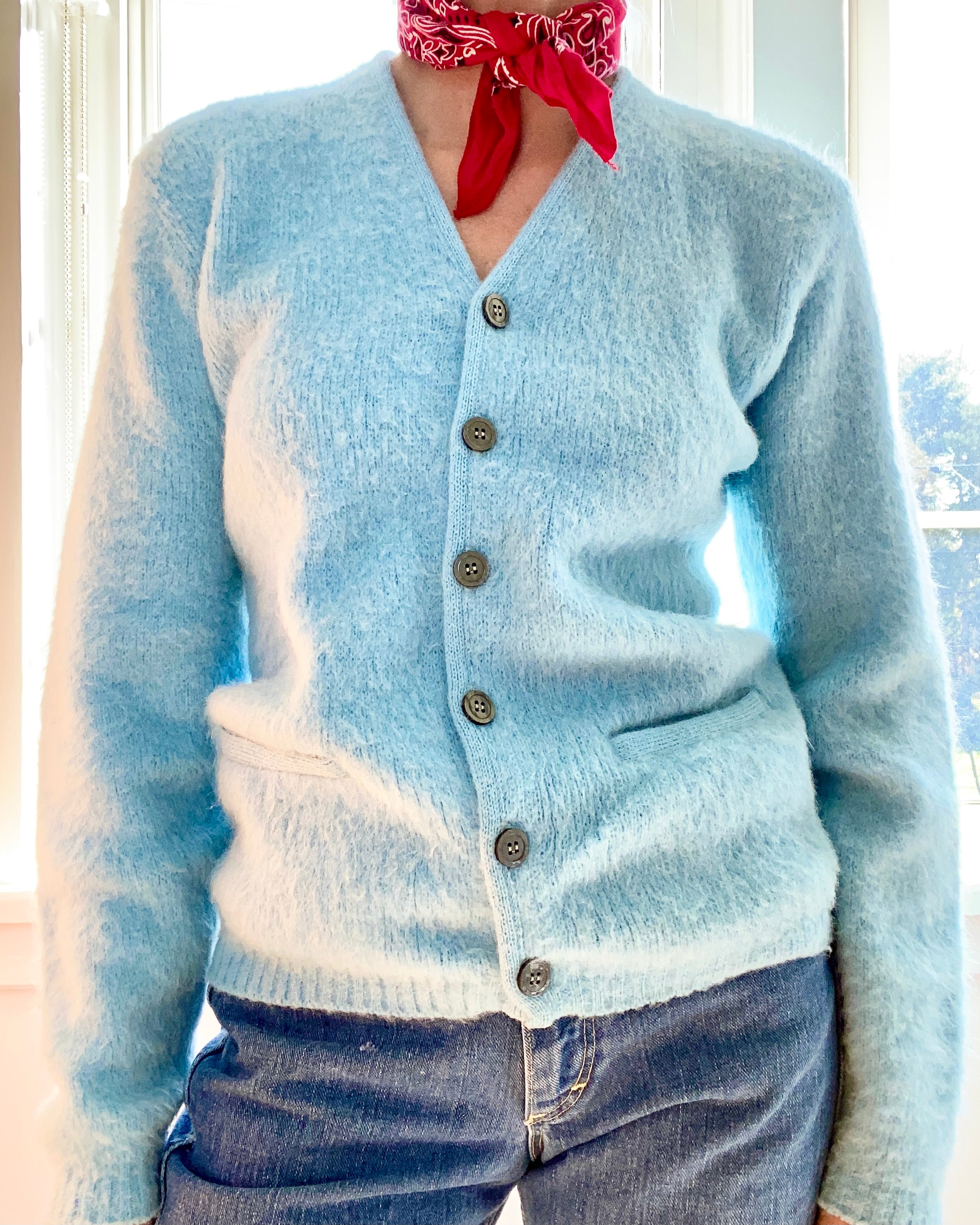 VINTAGE Light Blue Fuzzy Mohair Kurt Cobain MTV Cardigan