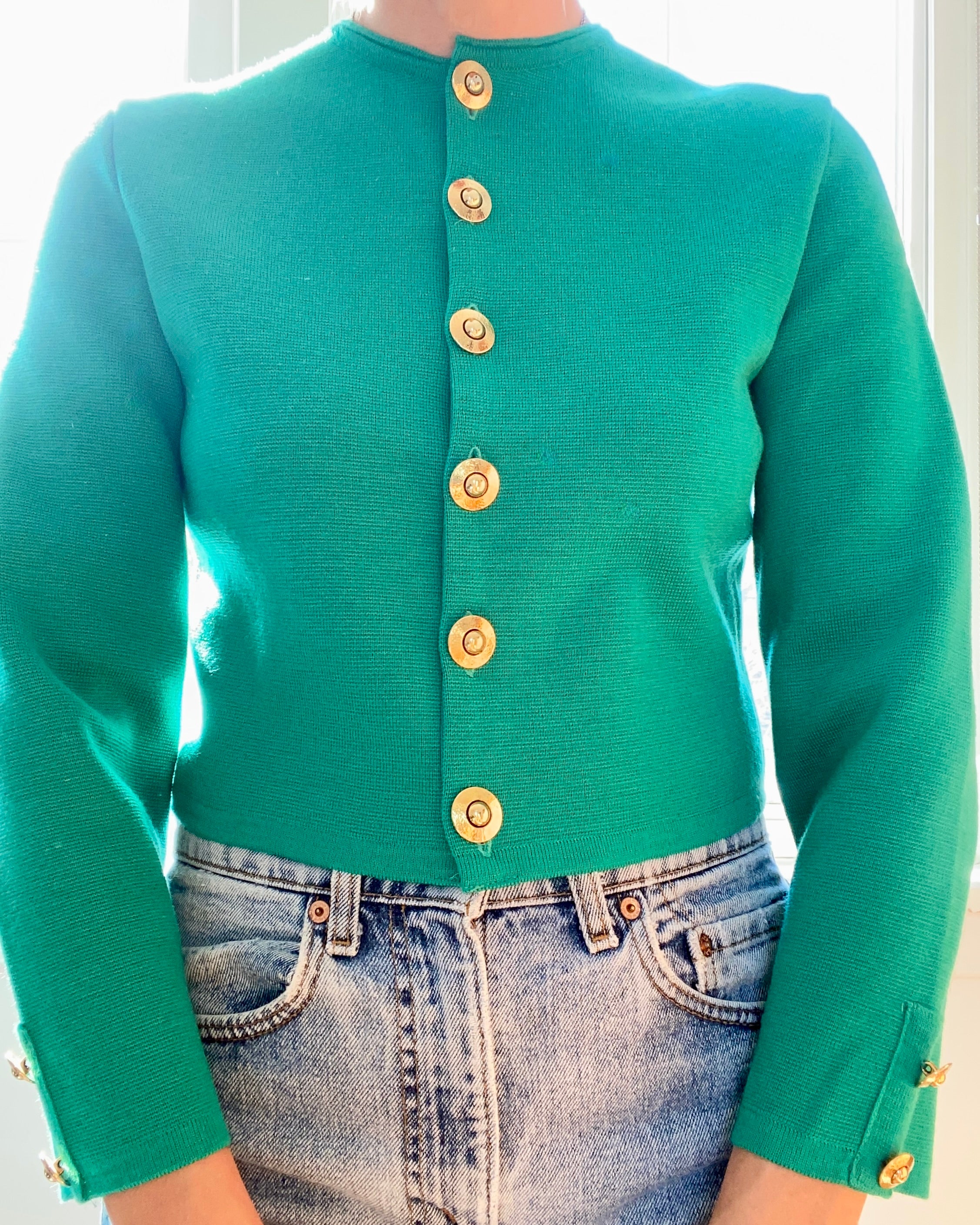 Vintage 1980s JAEGER Emerald Green Crop Knit Jacket Cardigan M