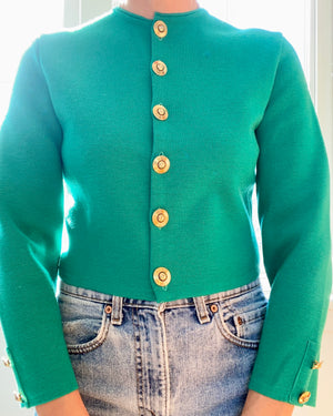 Vintage 1980s JAEGER Emerald Green Crop Knit Jacket Cardigan M