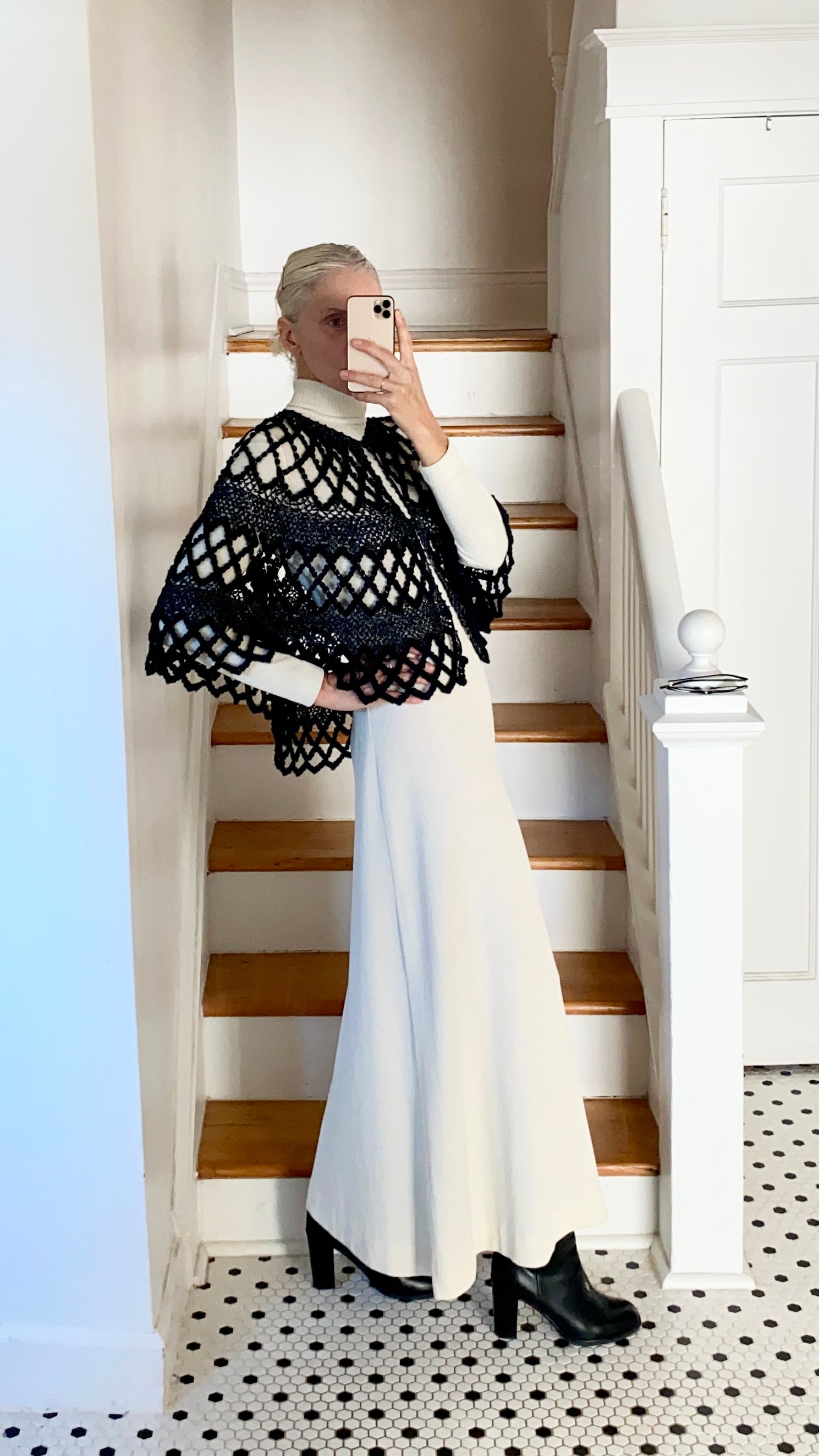 VINTAGE Black and Silver Lurex Mesh Crochet Poncho Shawl