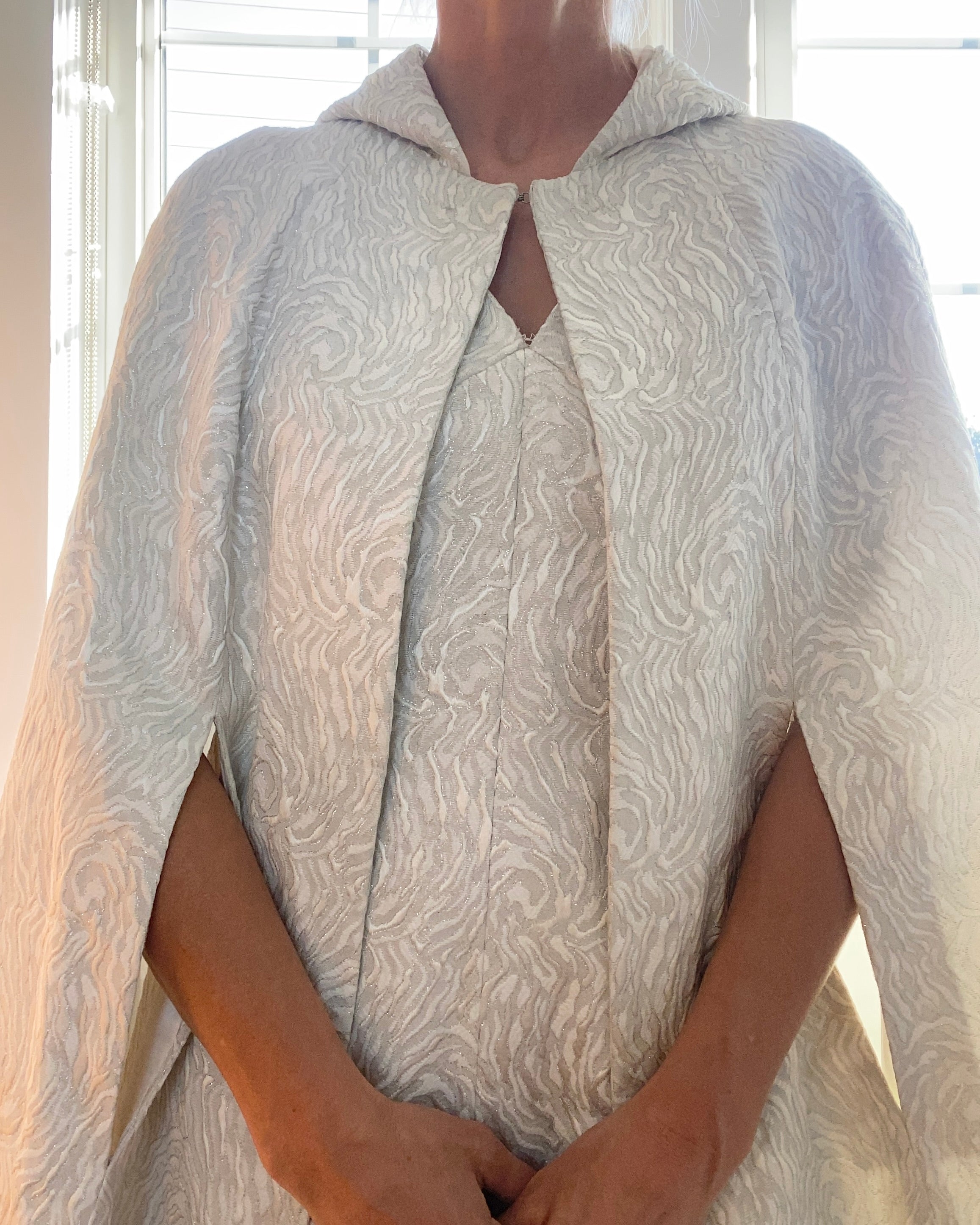 VINTAGE 1960s Silver and Ivory Brocade Dress and Cape