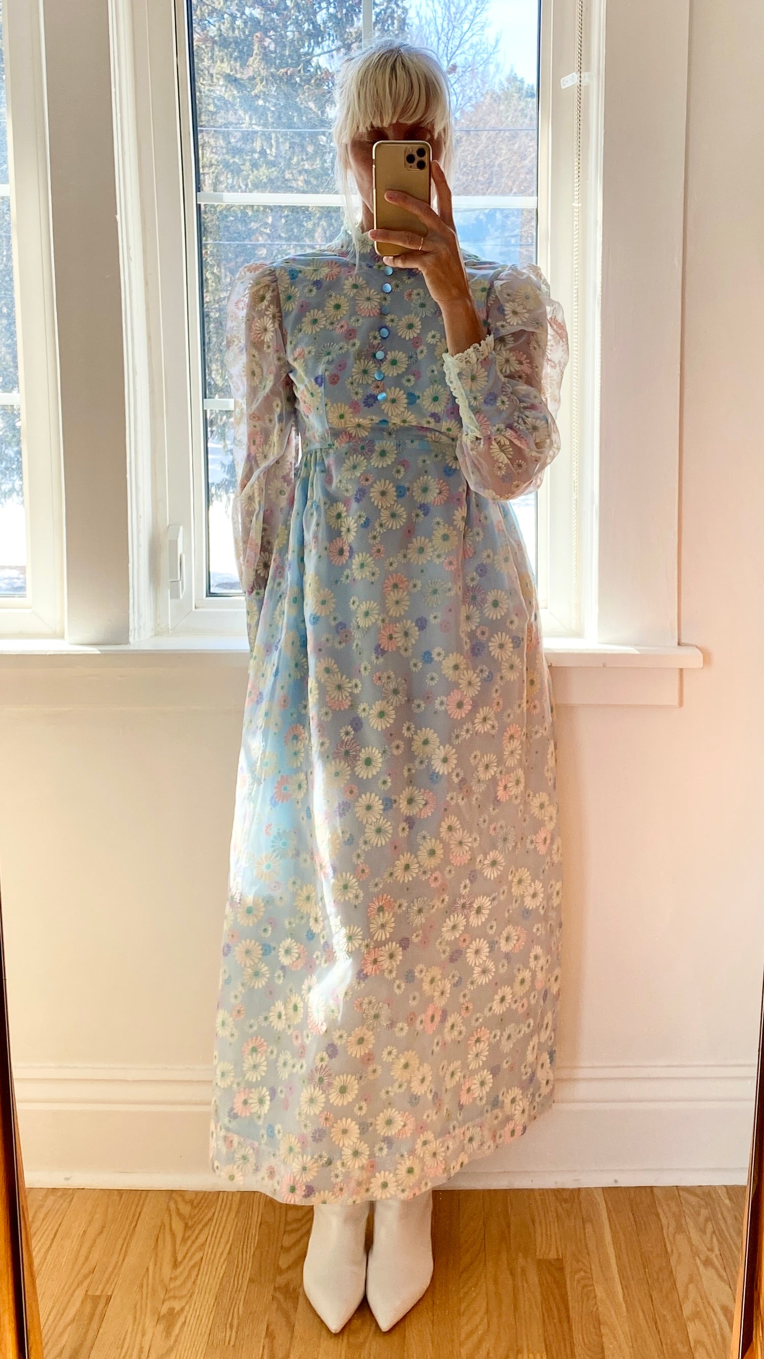 Vintage 1960s Floral Organza Prairie Victorian Inspired Dress XS or S