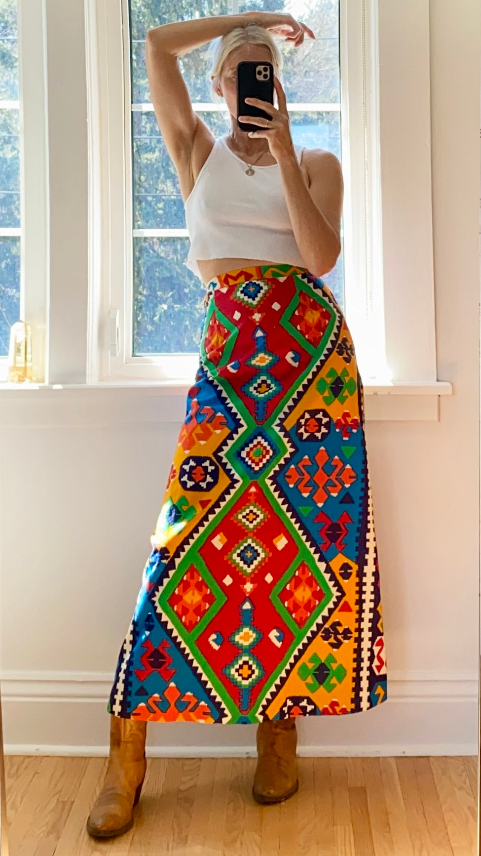 Vintage 1960s Cotton Aline Geometric Print Maxi Skirt S