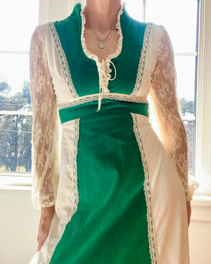 VINTAGE 1970s Cream and Green Cotton Velvet Lace Prairie Gunne style Maxi Dress
